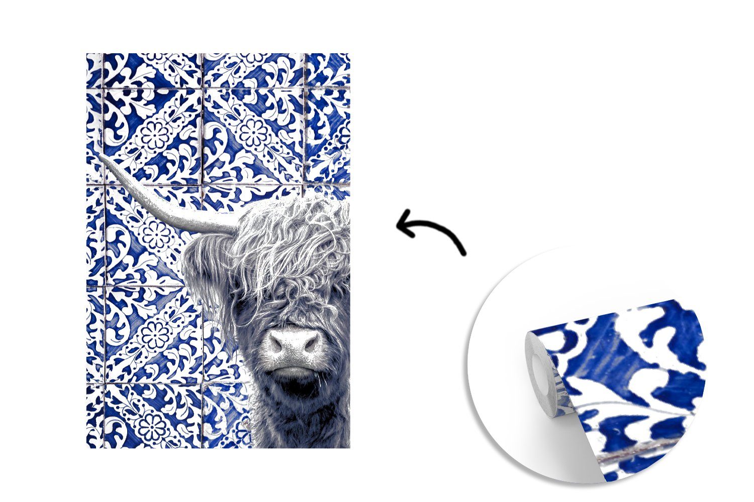 Schwarz Wohnzimmer, Fototapete bedruckt, Highlander - Weiß, MuchoWow Schottischer Vinyl Delfter Blau St), - für Tapete Wandtapete - Montagefertig Matt, (3
