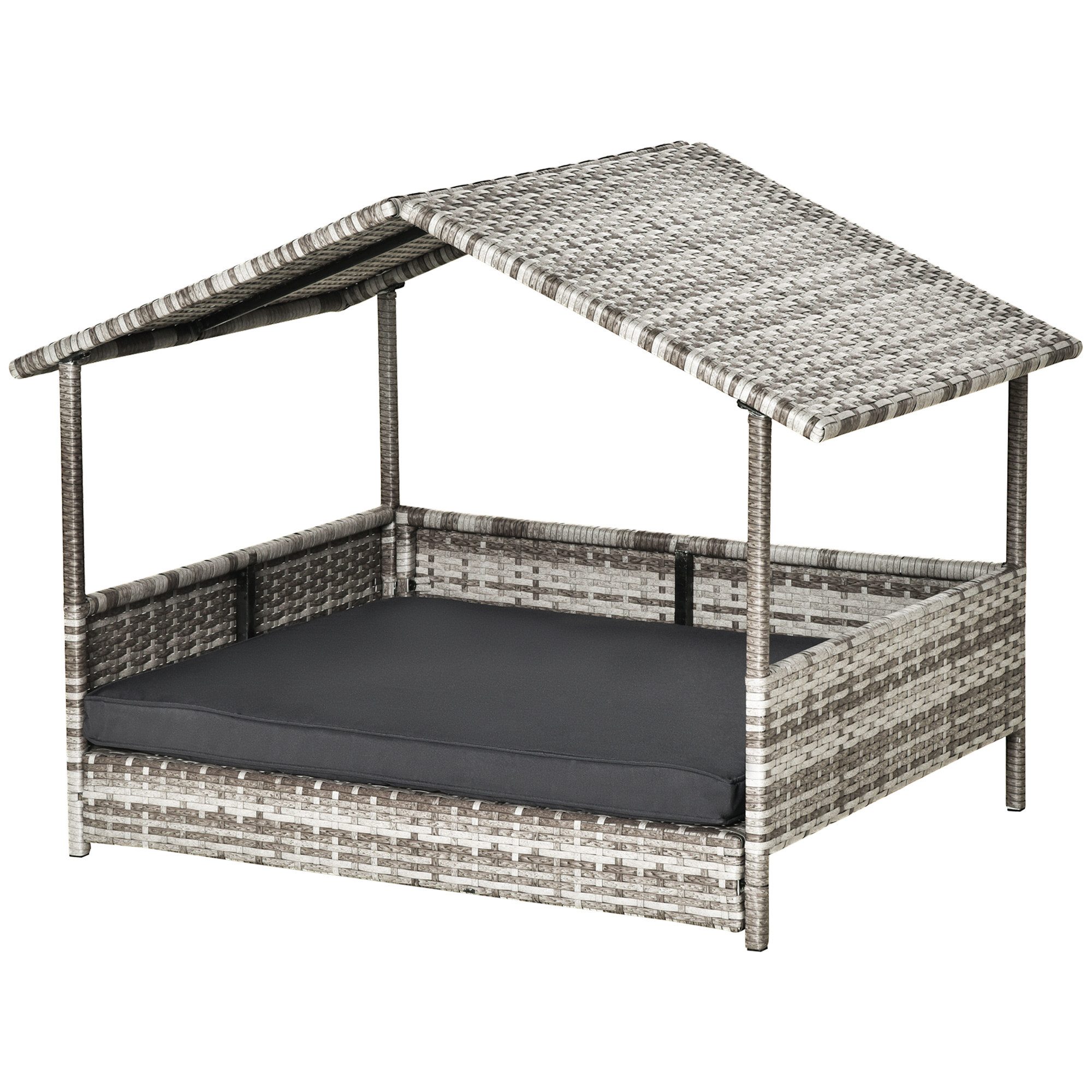 MC Star Hundehütte Rattan Hundehaus mit Kissen, Hundebett im Hausform, Outdoor Hundehütte, Stahlrahmen, Kunststoff, Grau, 69 x 98 x 70 cm