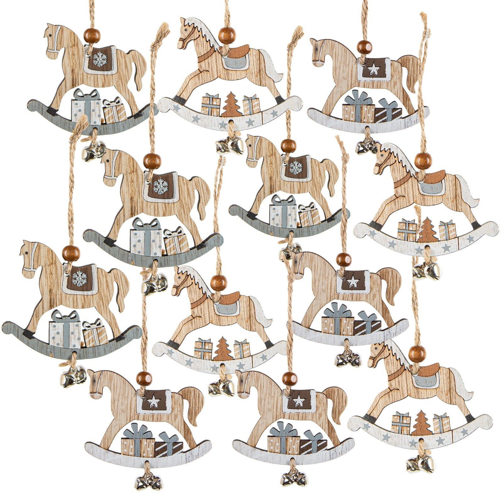 Logbuch-Verlag Baumbehang 12 Schaukelpferd Weihnachtsanhänger 8 cm mit Glöckchen - grau braun