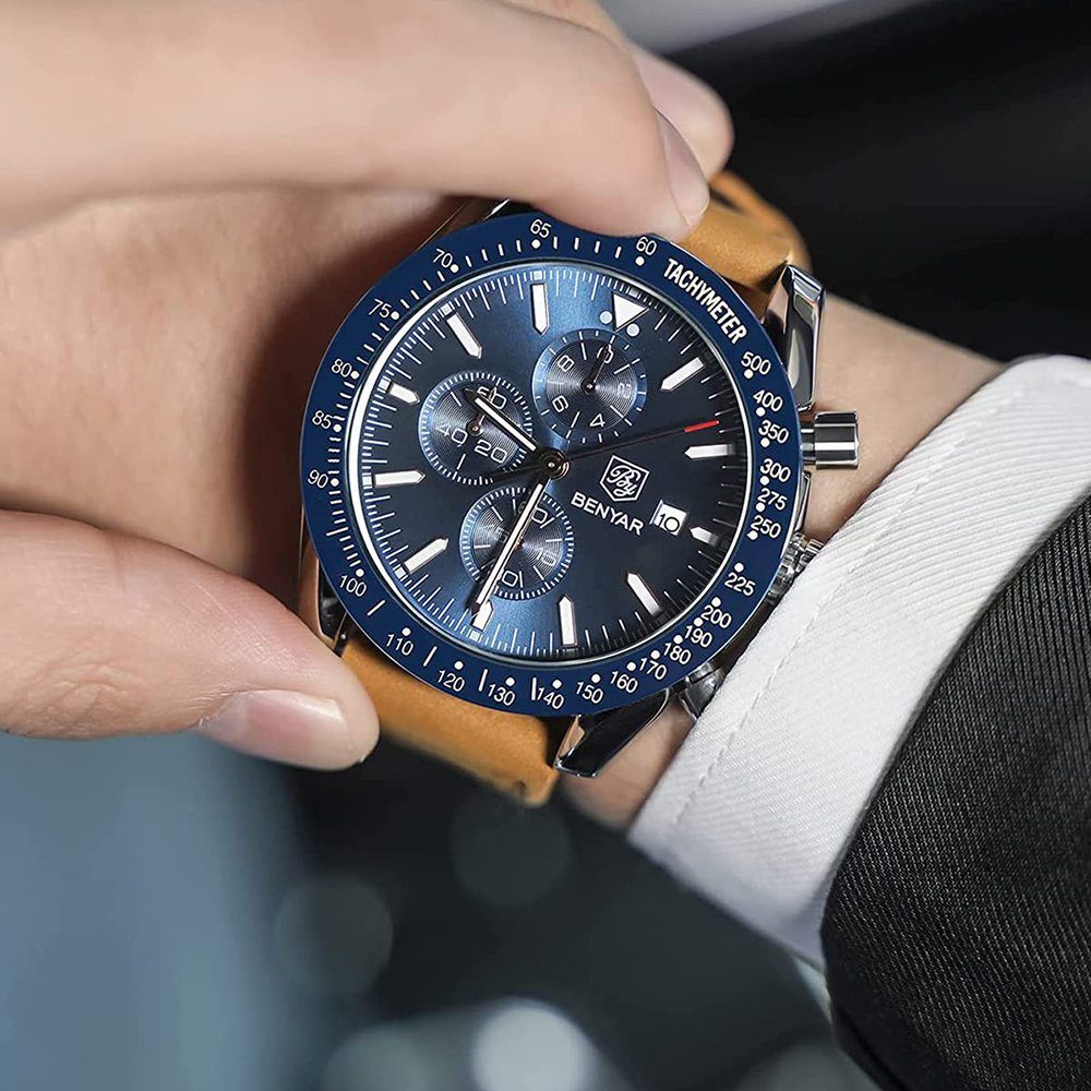 Business Quarz Gold, lässig Blau Uhr leuchtende Armbanduhr Analog Herrenuhren Datum GelldG