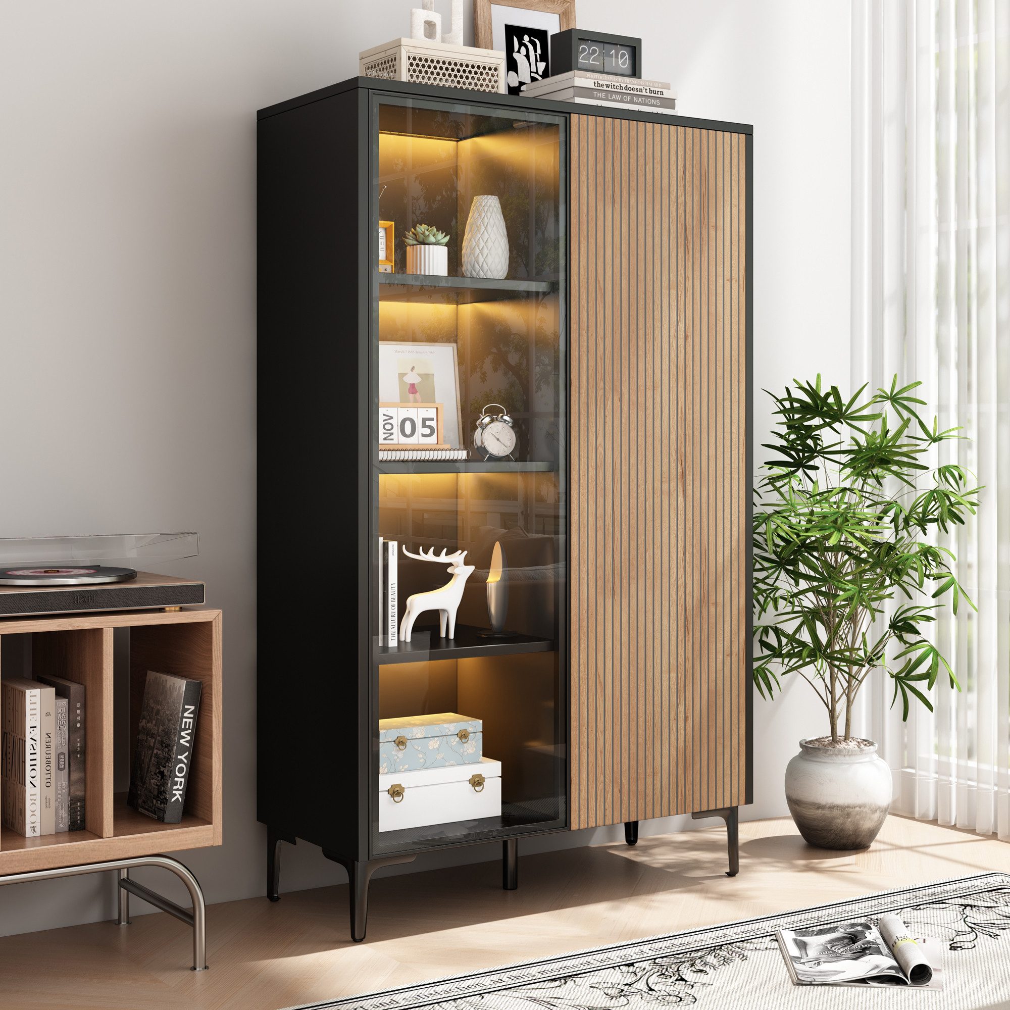 Merax Standvitrine mit LED-Beleuchtung, Vintage Vitrinenschrank mit Push-to-Open Funktion (90 x 40 x 135 cm (L x B x H), 1-St) Vitrine mit 2 Türen inkl.Glastür, 8 Staufächer, in Schwarz-Holzoptik
