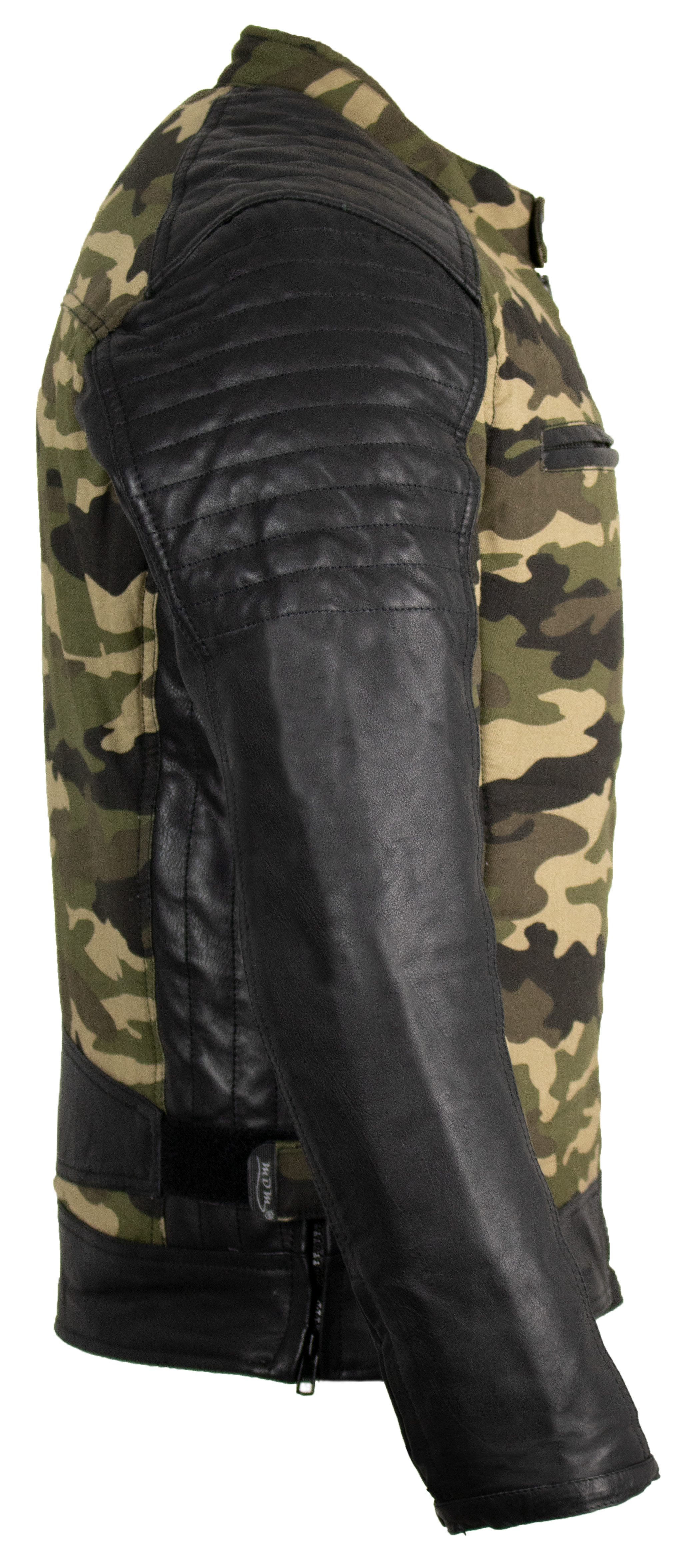 MDM Motorradjacke Motorrad Bikerjacke Camouflage mit Protektoren Herren (Camouflage Motorradjacke mit Lederärmeln) Thermofutter und seitlicher Weitenregulierung