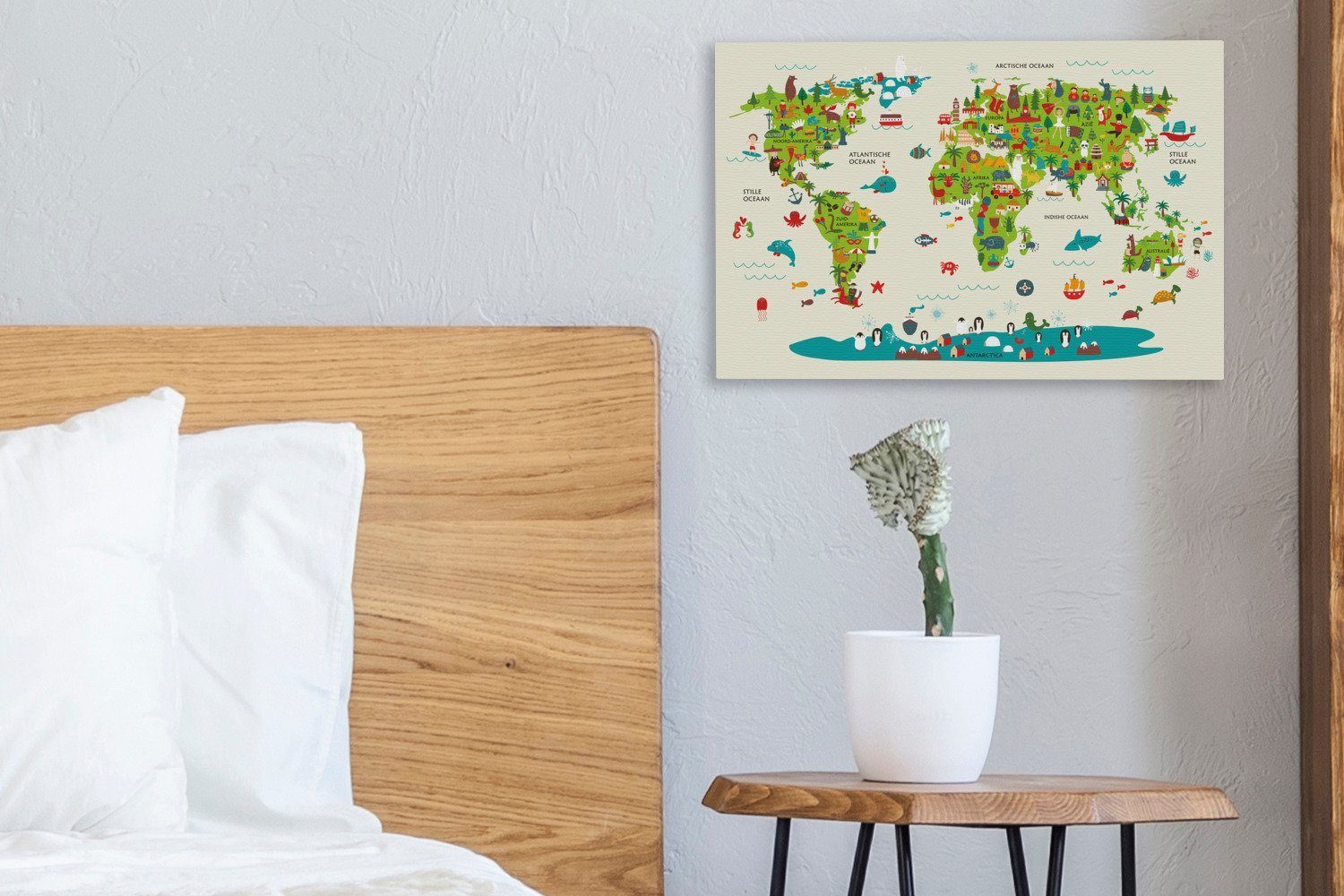 OneMillionCanvasses® Leinwandbild Weltkarte Aufhängefertig, - Wanddeko, - Wandbild Tiere, St), cm (1 Kinder 30x20 Leinwandbilder, Grün
