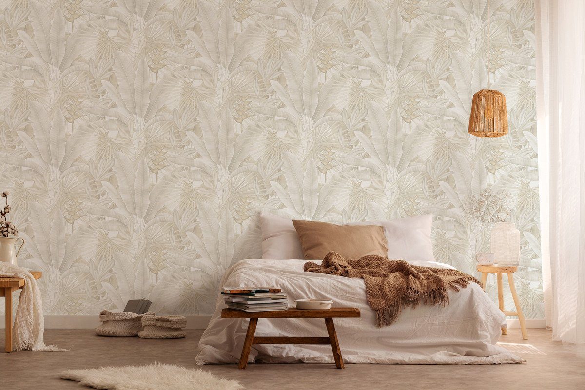 living walls Vliestapete Stories of Life moderne florale Tapete Beige Dschungel, leicht strukturiert, floral, tropisch, botanisch, (1 St), Botanisch Blätter für Esszimmer Wohnzimmer Tapeten Wohnzimmer modern