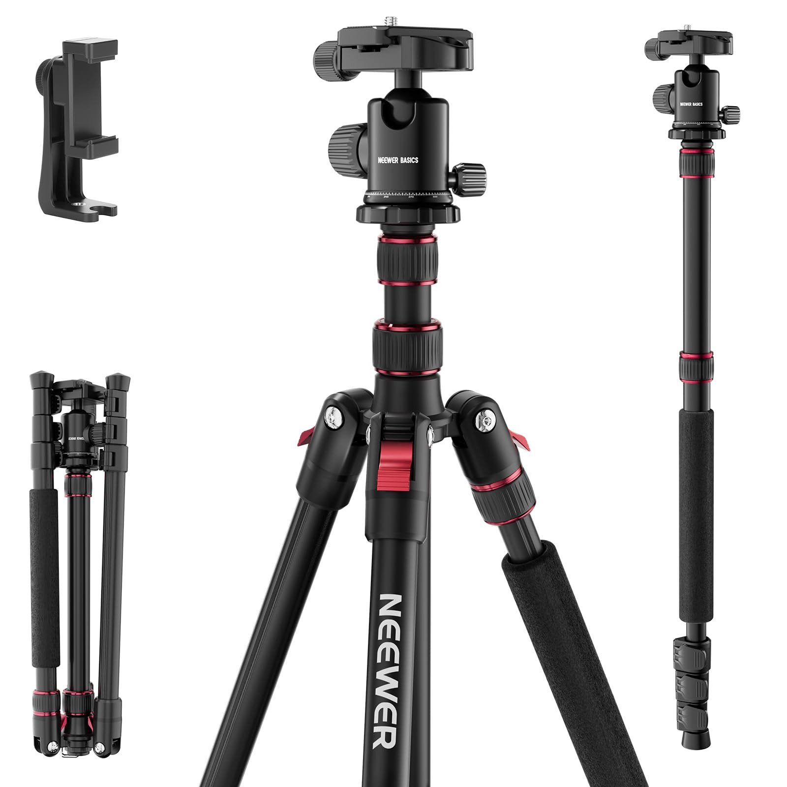 Neewer TP15 Einbeinstativ 71", Aluminium, höhenverstellbar von 43 bis 180 cm Kamerastativ (mit 360° Kugelkopf und Handyhalterung, für DSLR & iPhone)