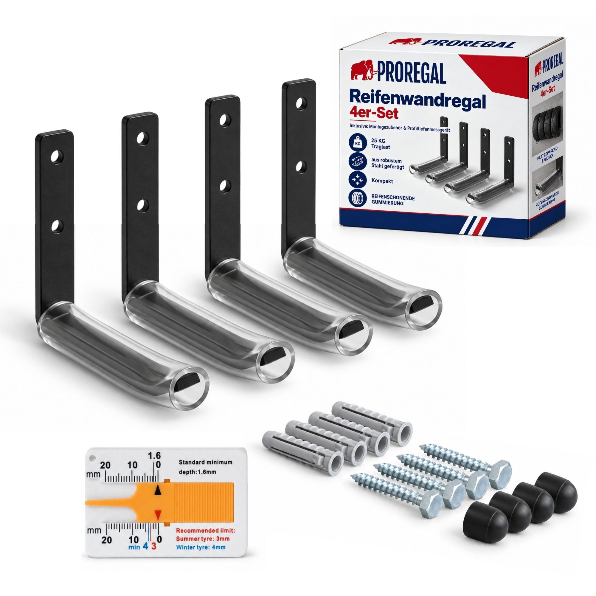 PROREGAL® Reifen-Wandhalterung PREX SMALL aus Stahl gummmierte Auflage kompakt für Reifen & Felgen, (4-tlg., Inkl. Montagezubehör & Profiltiefenmesser Traglast je 25kg)