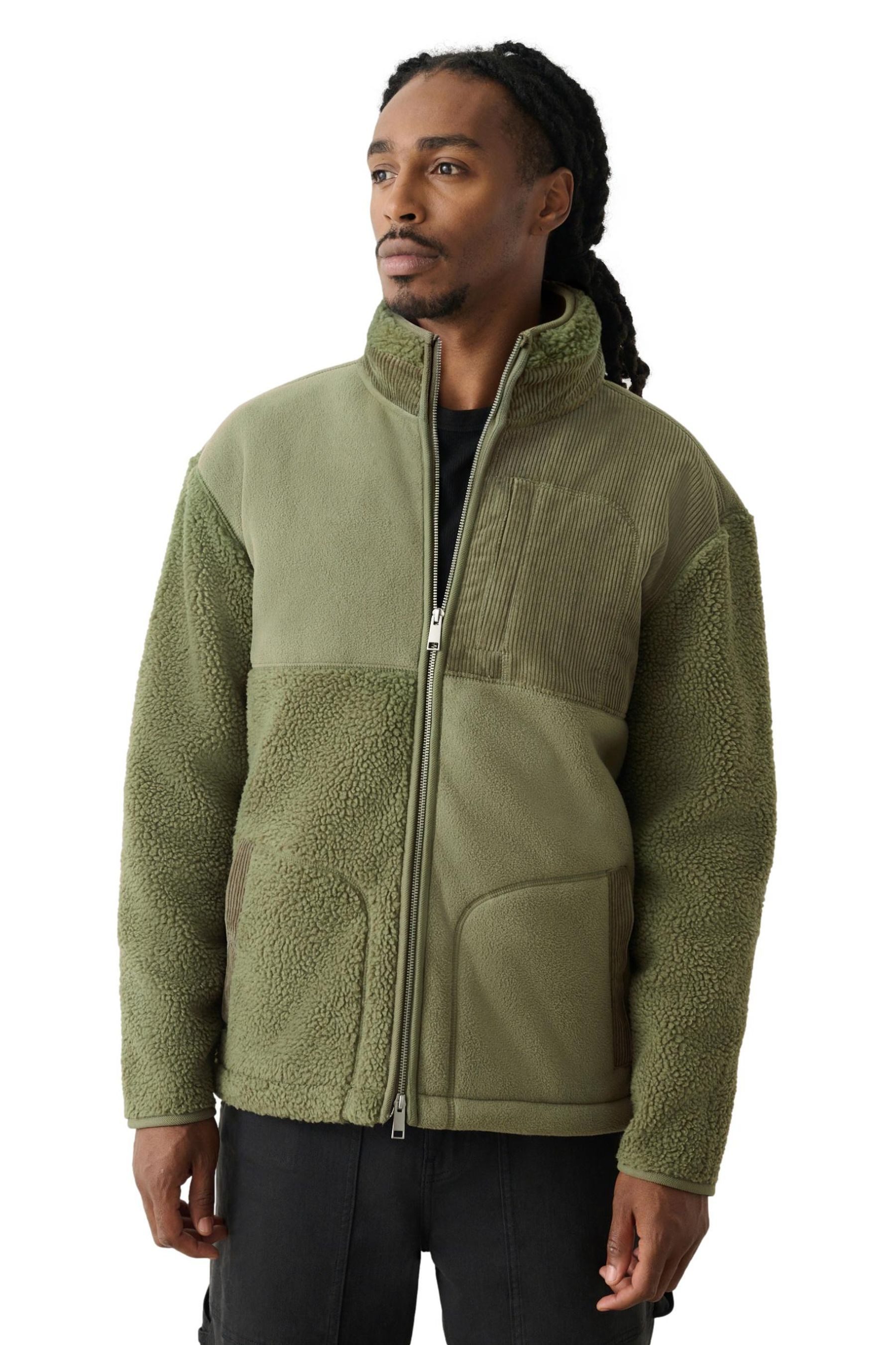 Next Fleecejacke Geblockte Fleece-Cordjacke mit d Reißverschluss (1-St)