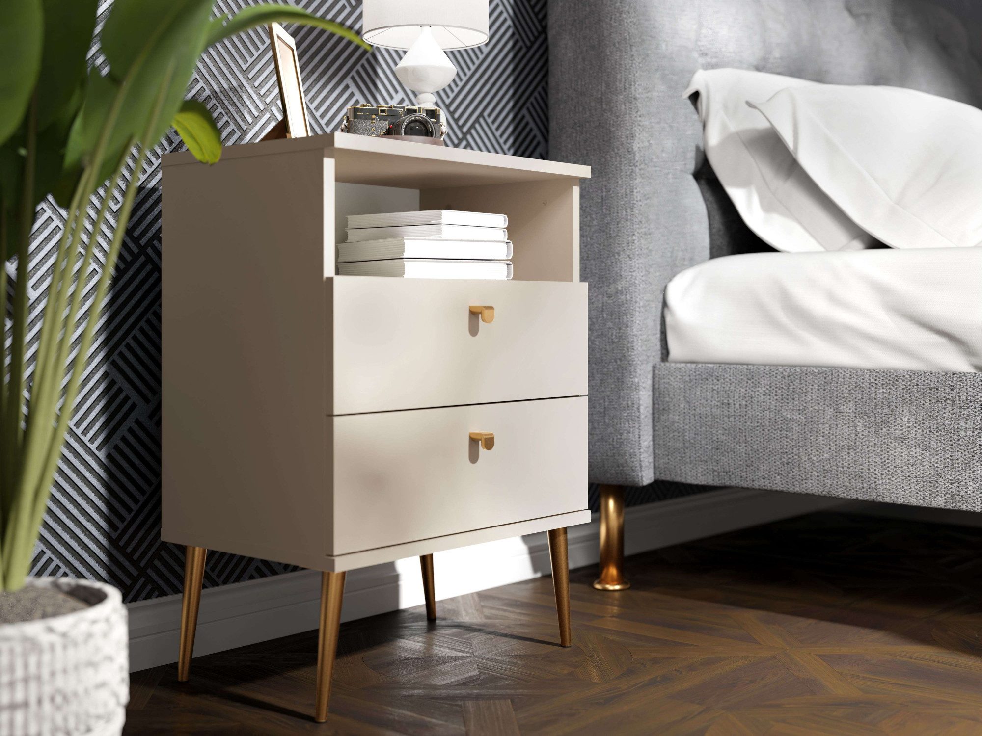 Home affaire Nachttisch Elyria, Metallgriffe, FSC-zertifizierter Holzwerkstoff (Nachtkommode B/T/H 50/34/69cm), mit 2 Schubladen, 1 offenes Fach, viele Farben mit goldfb. Details