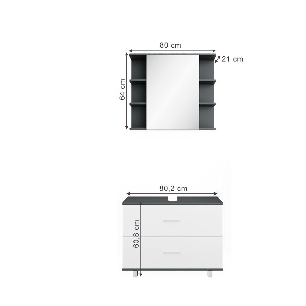 Vicco Badmöbel-Set Ilias, Anthrazit/Weiß, 2 Teile, Unterschrank 80 cm, (3-er Set, 2-St., 2er Set)