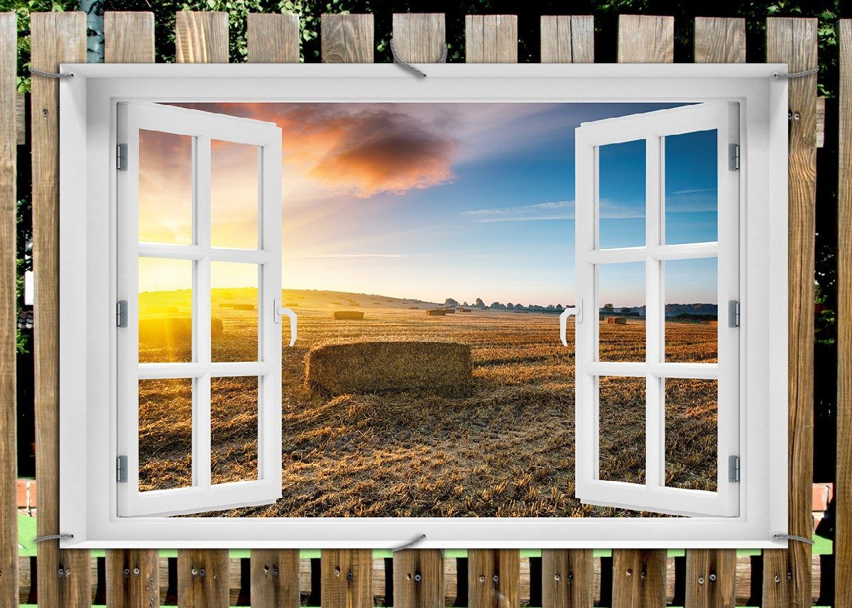 Thumbnail - Wallario Sichtschutzzaunmatten Stroh auf dem Feld bei untergehender Sonne, mit Fenster-Illusion
