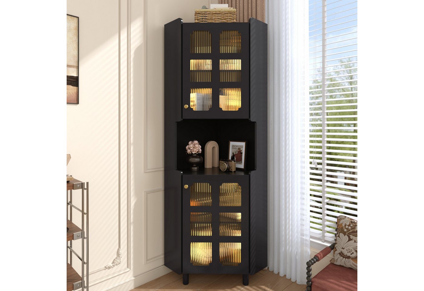 Flieks Badkommode Eckschrank mit LED-Beleuchtung und Glastüren (1 St., 63,5x45x157,5 cm), Hochschrank Mehrzweckschrank Eckkommode mit 5 Fächern Schwarz