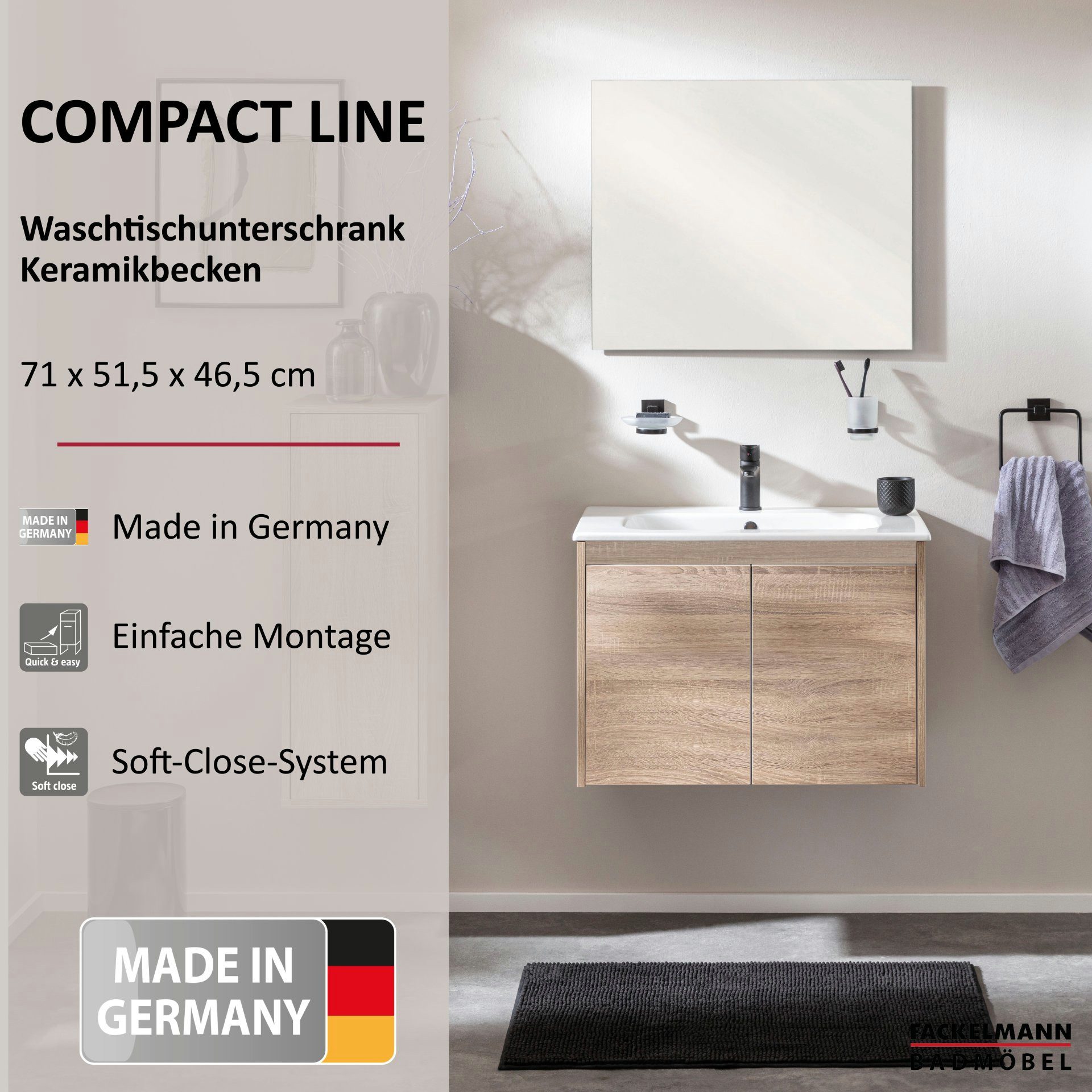 FACKELMANN Badmöbel-Set COMPACT LINE Waschbecken + Unterschrank, Badezimmermöbel