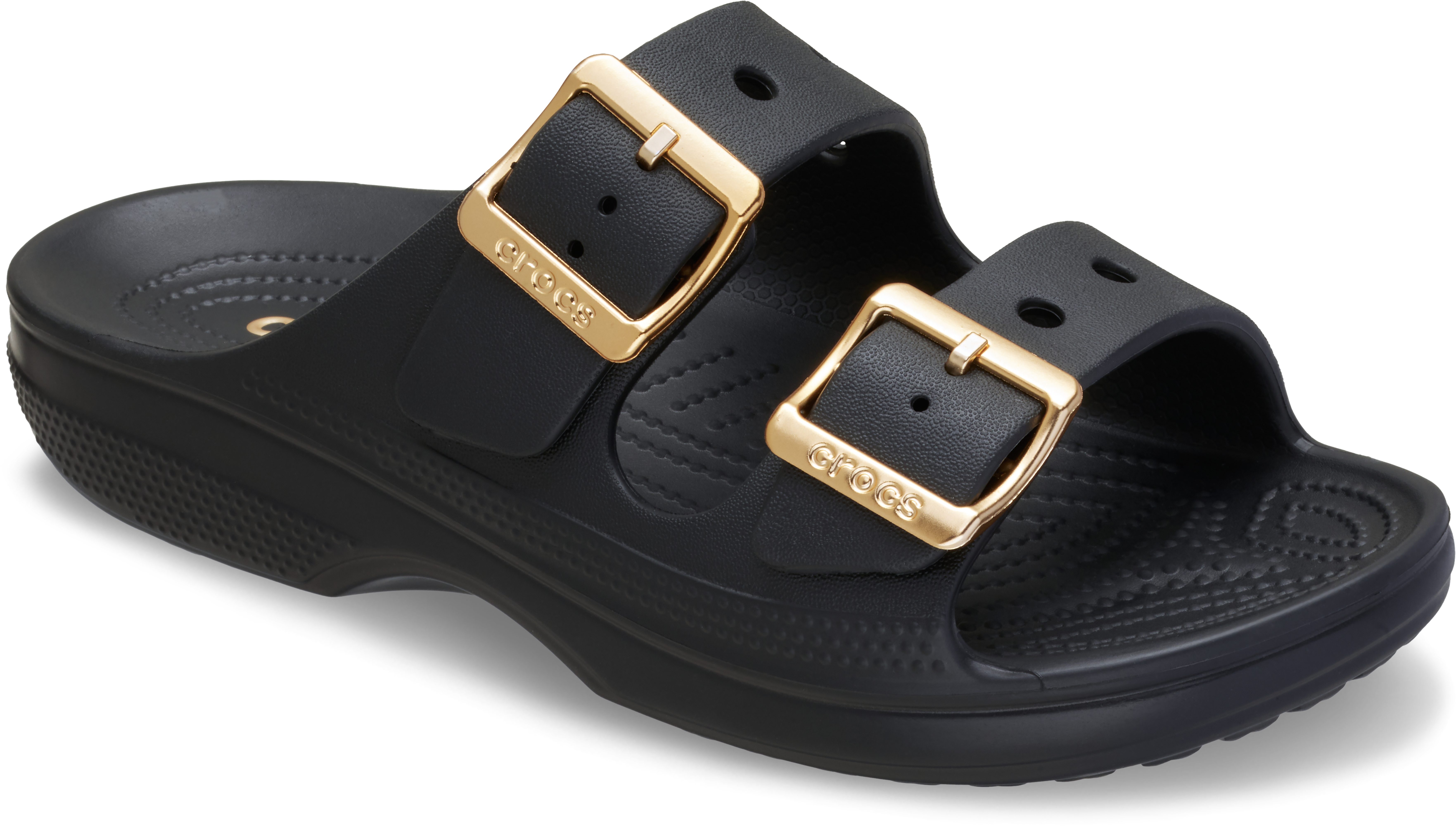 Crocs Saturday Metallic Buckle Sandal W Pantolette Sommerschuh, Urlaubsschuh, Strandschuh, Schlappen mit Schnallen