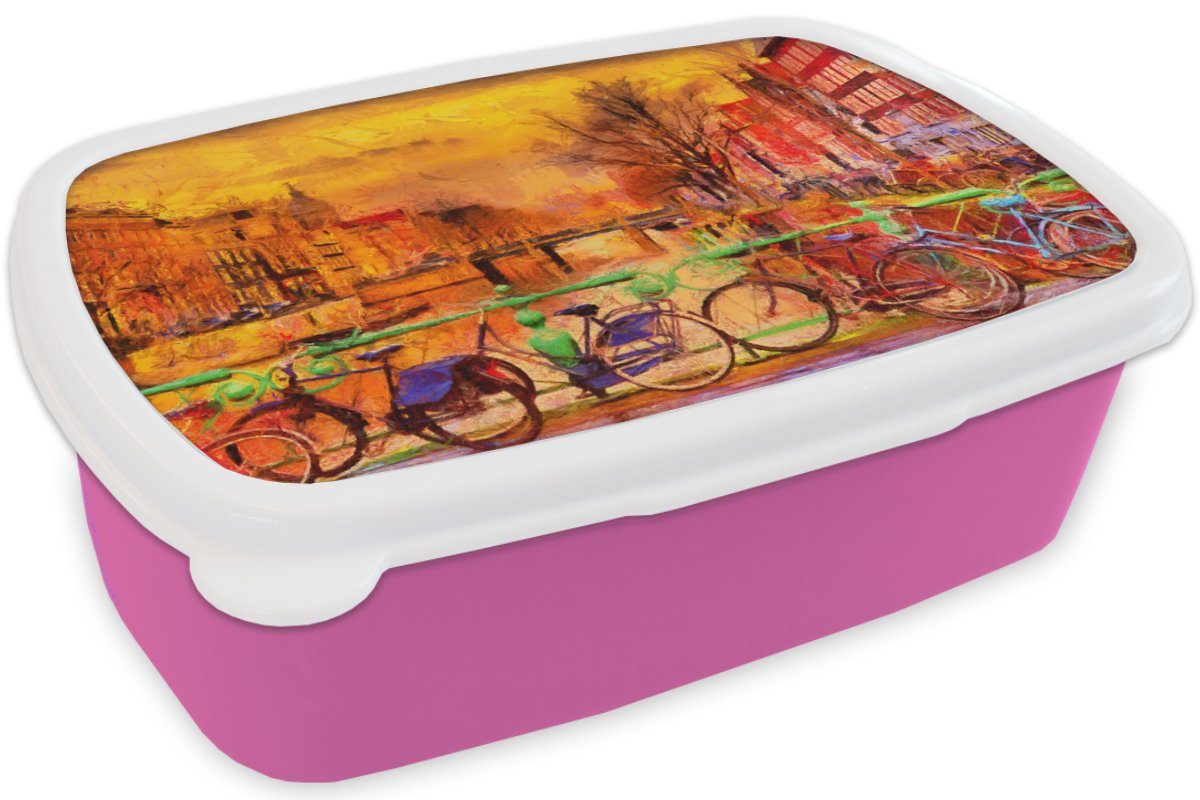 Kunststoff, Kinder, Mädchen, Gemälde rosa MuchoWow - Brotdose Fahrrad Öl, (2-tlg), - für Erwachsene, Lunchbox - Snackbox, - Kunststoff Amsterdam Gracht Brotbox