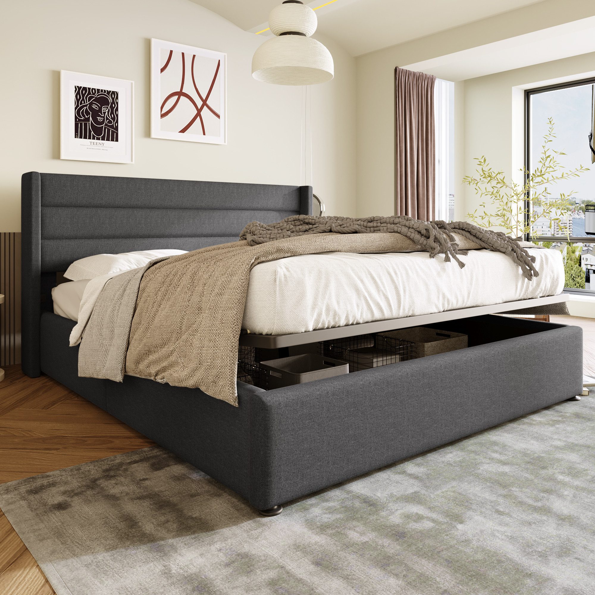MODFU Polsterbett Stauraumbett Doppelbett, Bett mit Lattenrost aus Metallrahmen, Lattenrost aus Holz