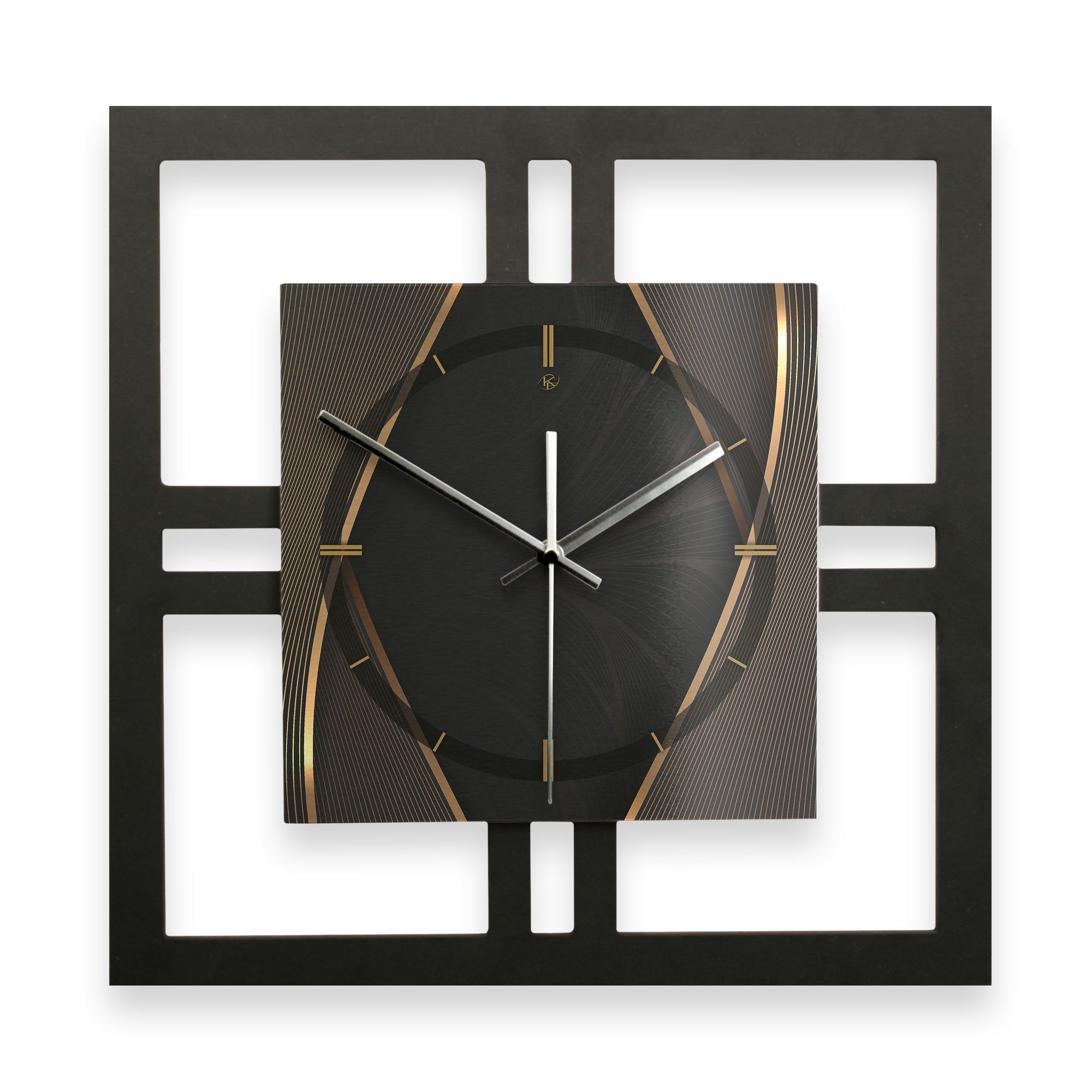 Kreative Feder Wanduhr Designer-WANDUHR „Black & Gold“ in modernem Metallic-Look (ohne Ticken; Funk- oder Quarzuhrwerk; elegant, außergewöhnlich, modern)