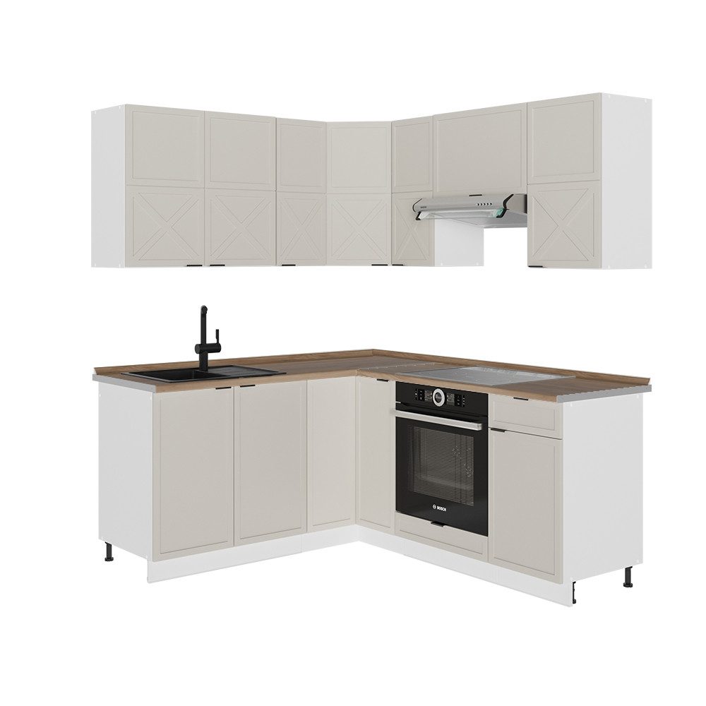 Vicco Winkelküche Fame-Line, GrauBeige/Weiß/Weiß, 160 x 190 cm, AP Eiche