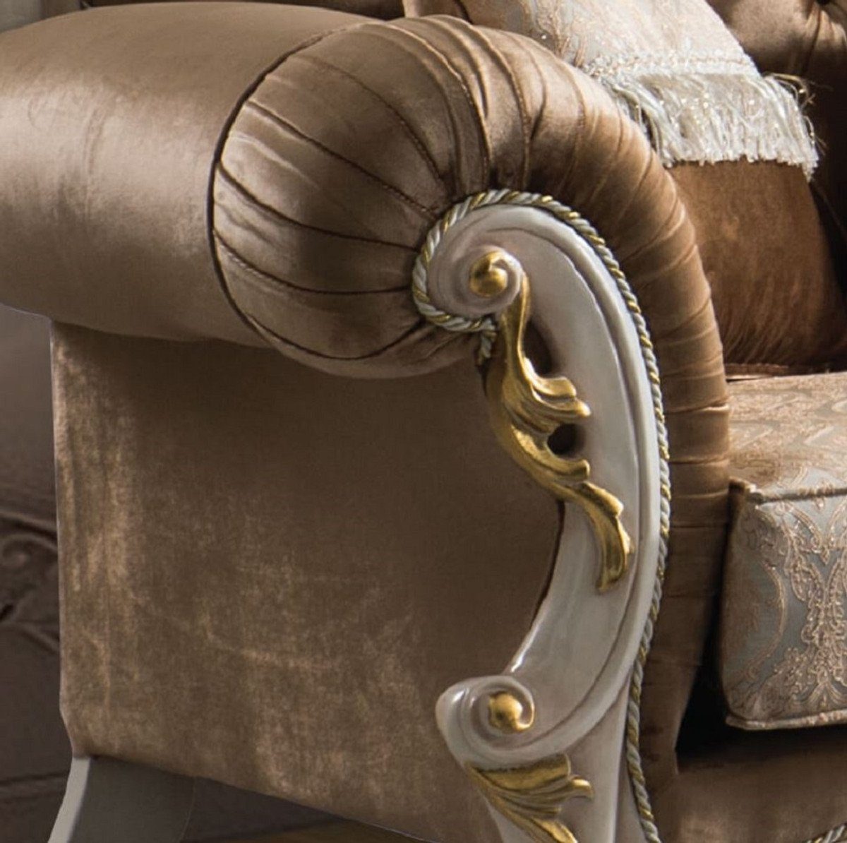 Sofa Sofa Braun Handgefertigtes - Edel Möbel Casa mit Prunkvoll Luxus Padrino - Sofa Wohnzimmer elegantem & / / Weiß - Gold Barock / Wohnzimmer Silber Muster Barock