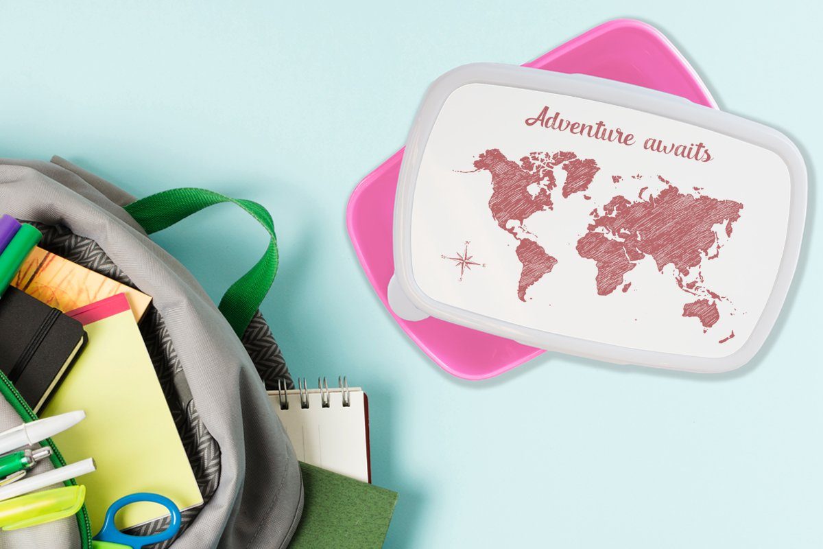 MuchoWow Rot Snackbox, rosa Erwachsene, für Zitat, Kunststoff, - Kinder, - Brotdose Lunchbox (2-tlg), Brotbox Mädchen, Weltkarte Kunststoff