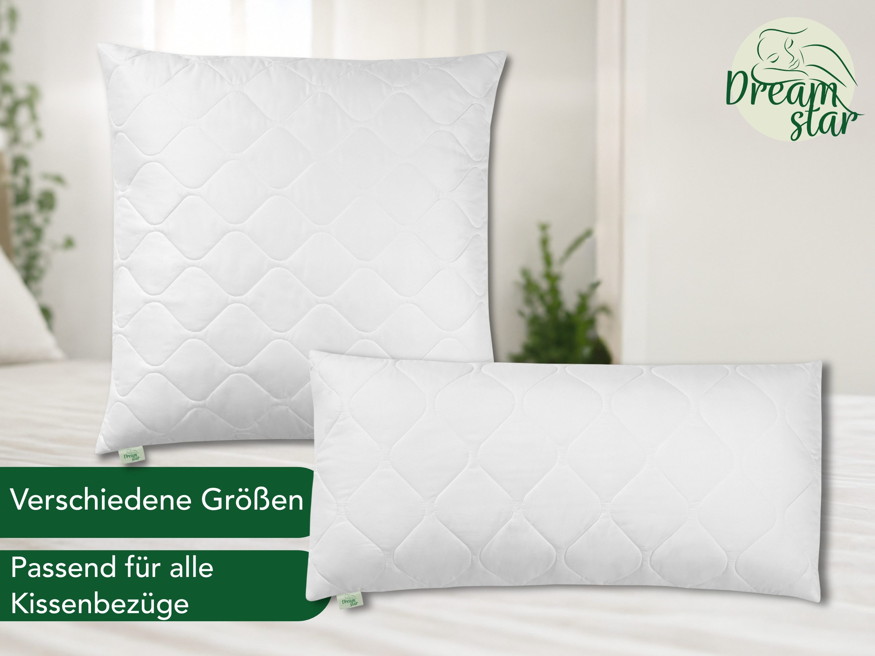 Dreamstar Microfaserkissen Kopfkissen - einzeln & 2er Set - 40x80 & 80x80 cm - weich & fest, Füllung: 100% Polyester, Seitenschläfer, Bauchschläfer, Rückenschläfer, Reißverschluss für Füllung - waschbar - allergikerfreundlich -
