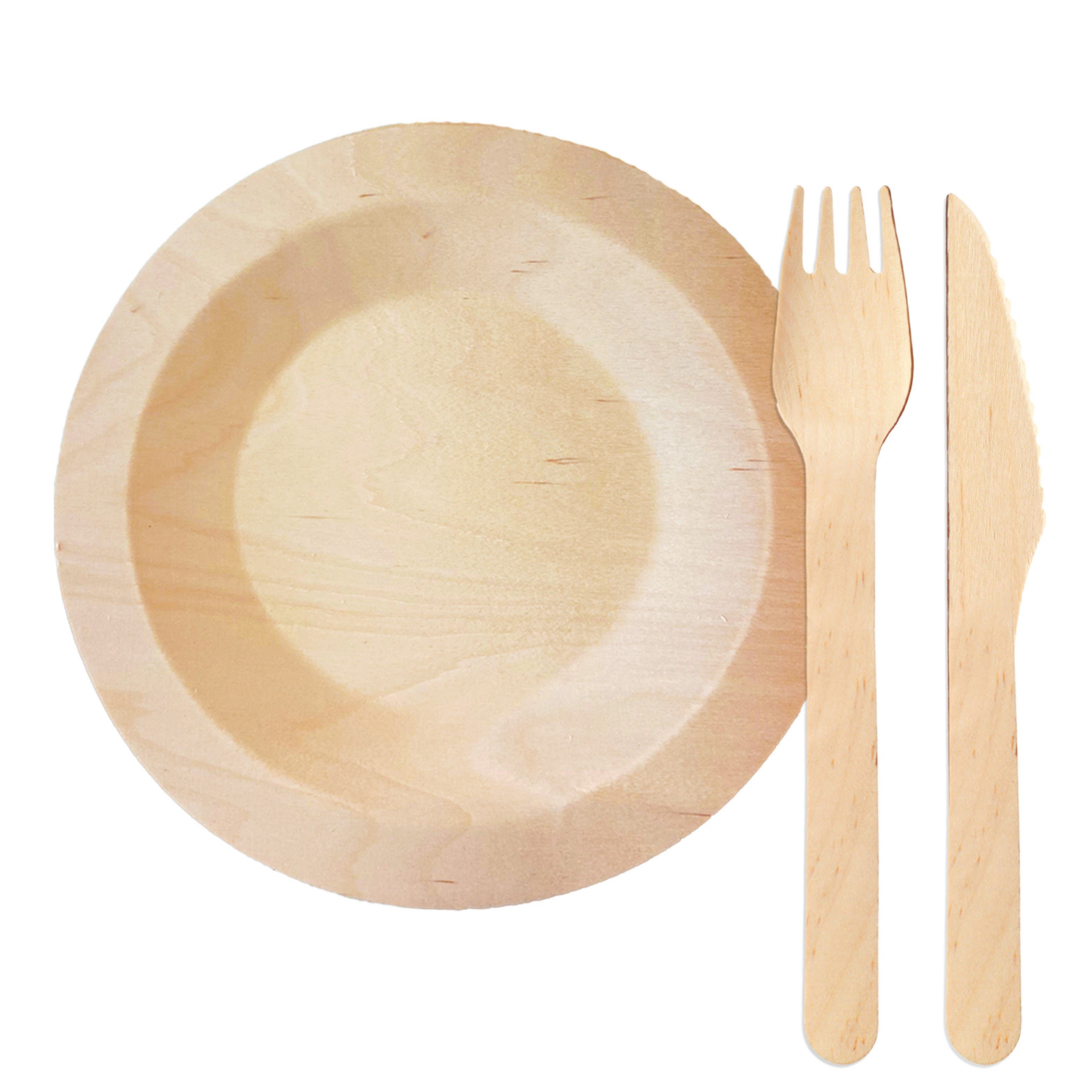 wisefood Einweggeschirr-Set 25-tlg., Birkenholz Geschirrset (Teller, Messer (25-tlg), Birkenholz