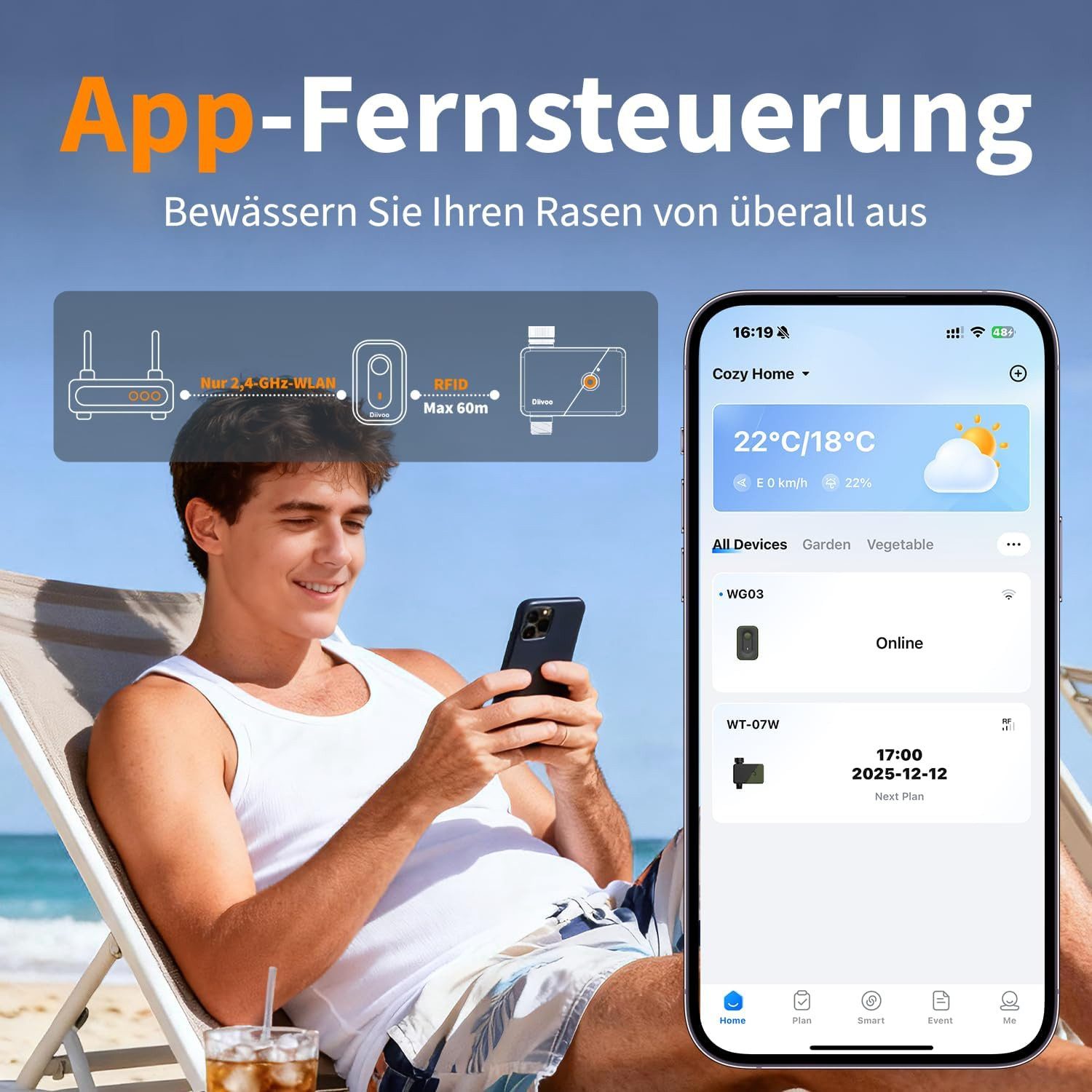 Diivoo Bewässerungssystem Bewässerungscomputer 4 Ausgänge WLAN mit Messingeinlass mit WLAN, APP