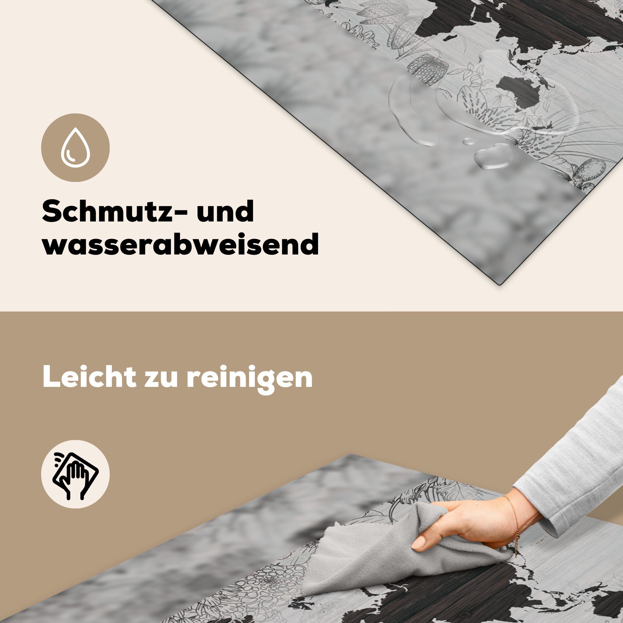 Ceranfeldabdeckung, - für MuchoWow küche (1 Herdblende-/Abdeckplatte tlg), Vinyl, 78x78 Braun, - cm, Weltkarte Blume Arbeitsplatte