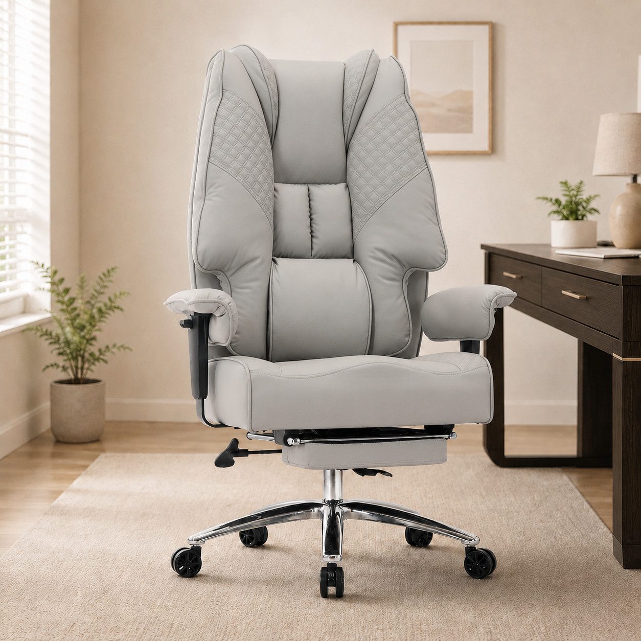 EFOMAO Chefsessel Extra Breit+Stabil, Hochlehner mit Fußstütze Leder, Verstellbare Rückenlehne, Ergonomisch, Höhenverstellbar, Hellgrau