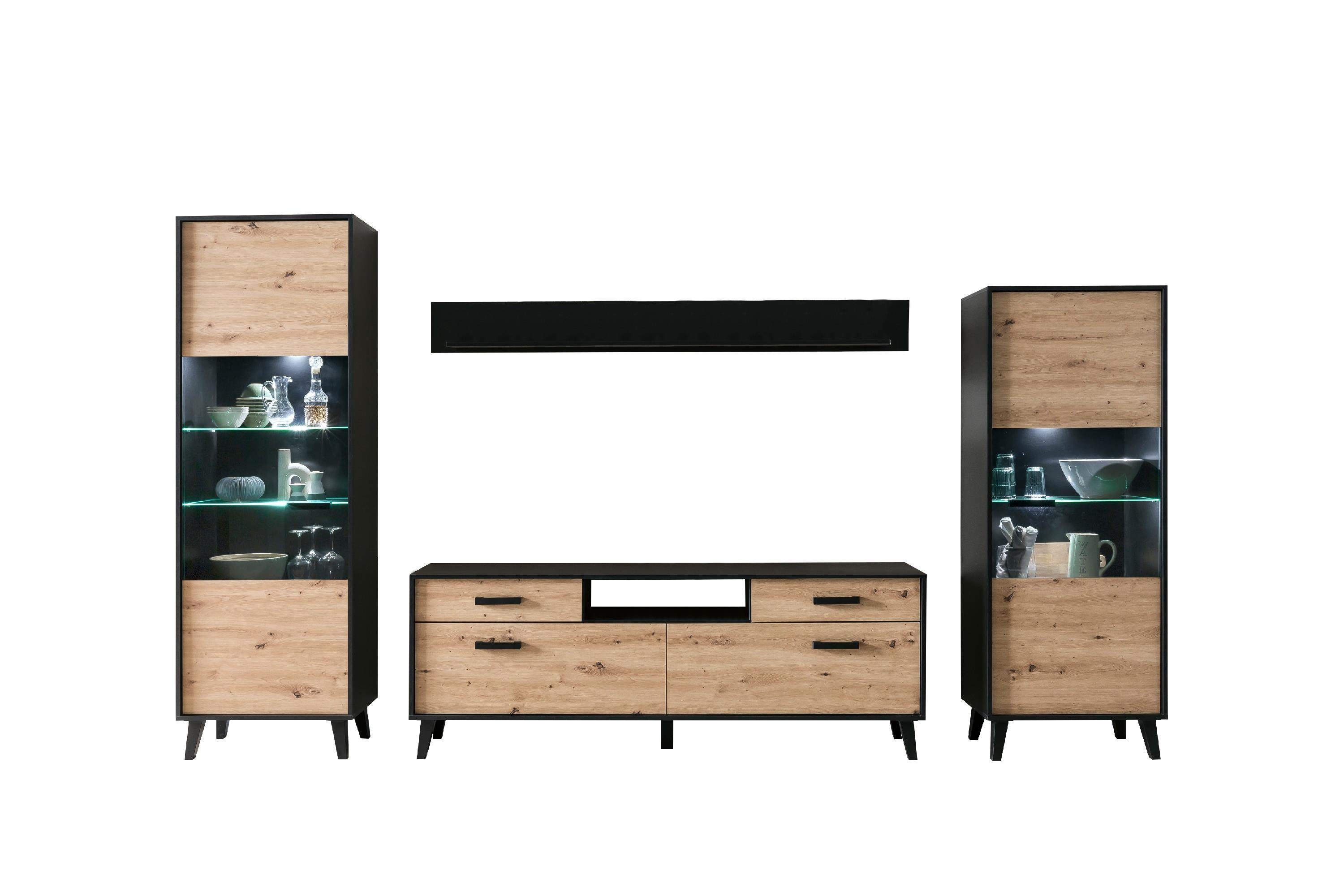 möbelando Wohnwand Artona, Moderne Wohnwand, aus melaminharzbeschichteter Spanplatte, Front in Artisan-Eiche, Korpus in Schwarz, bestehend aus 1 TV-Lowboard mit 2 Türen und 2 Schubkästen, 1 Wandboard