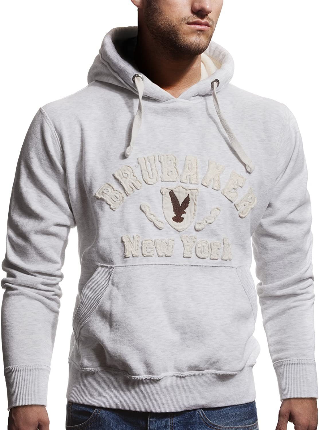 Sweatshirt Adler (1-tlg) Kapuzensweatshirt New mit Kängurutasche Kapuze Weiß Herren York Eagle und Sweater Logo BRUBAKER Melange - mit