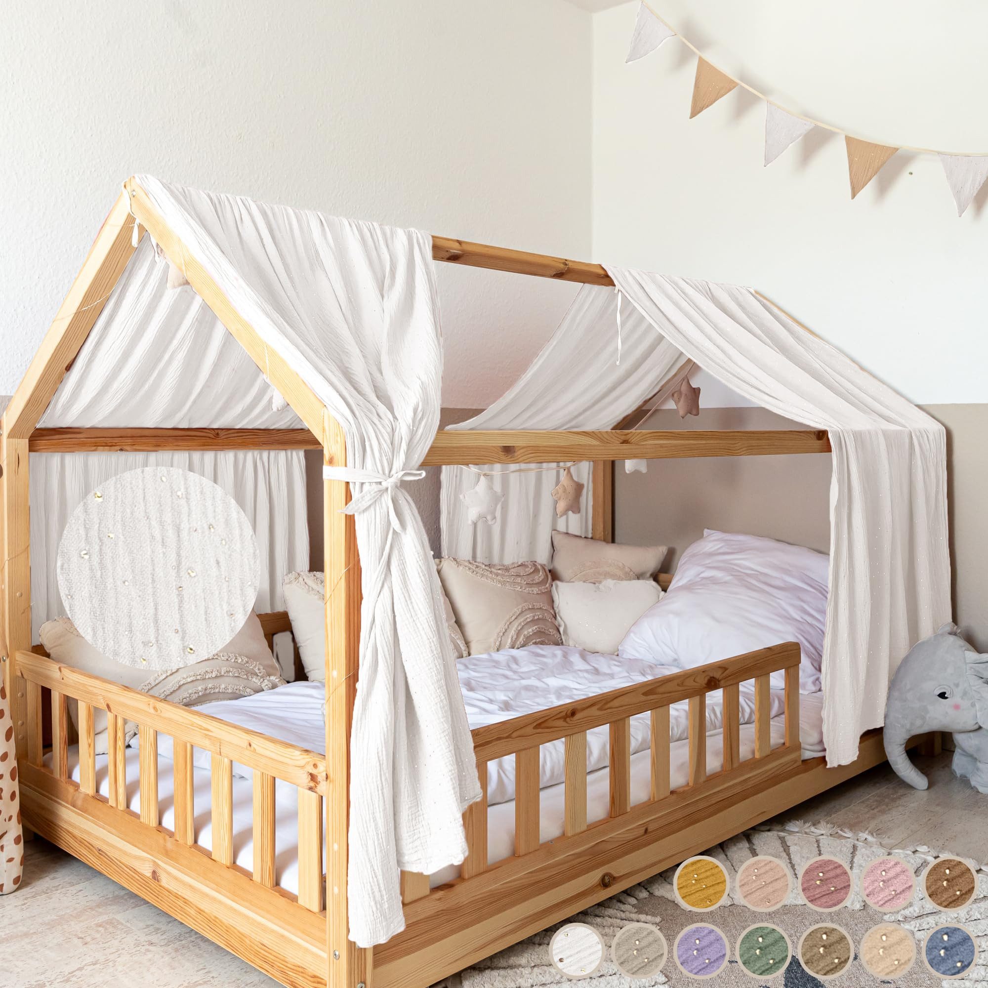 Betthimmel Musselin Hausbett Himmel für Kinderzimmer mit Gold Applikation