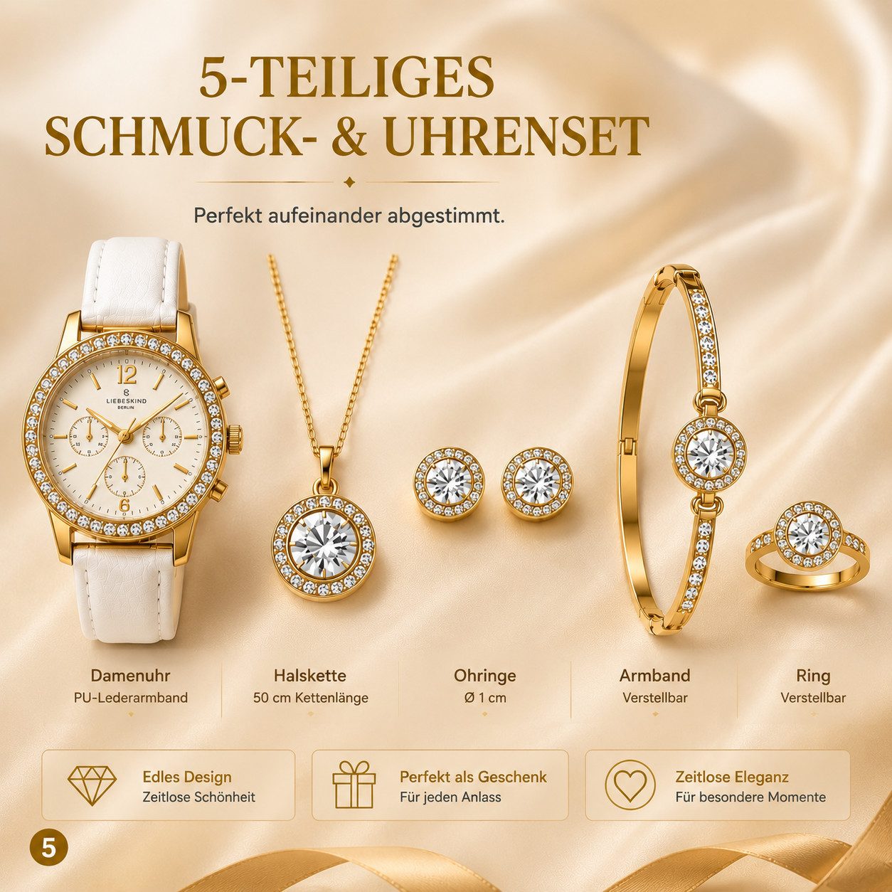 Fyrove Quarzuhr Damen Geschenkset Schmuck mit Uhr, (mit Armbanduhr, Halskette, Armband, Ohrringen und Ring, Geschenk für Frauen, 5-tlg., Damen-Armbanduhr, Elegante Damenuhr)