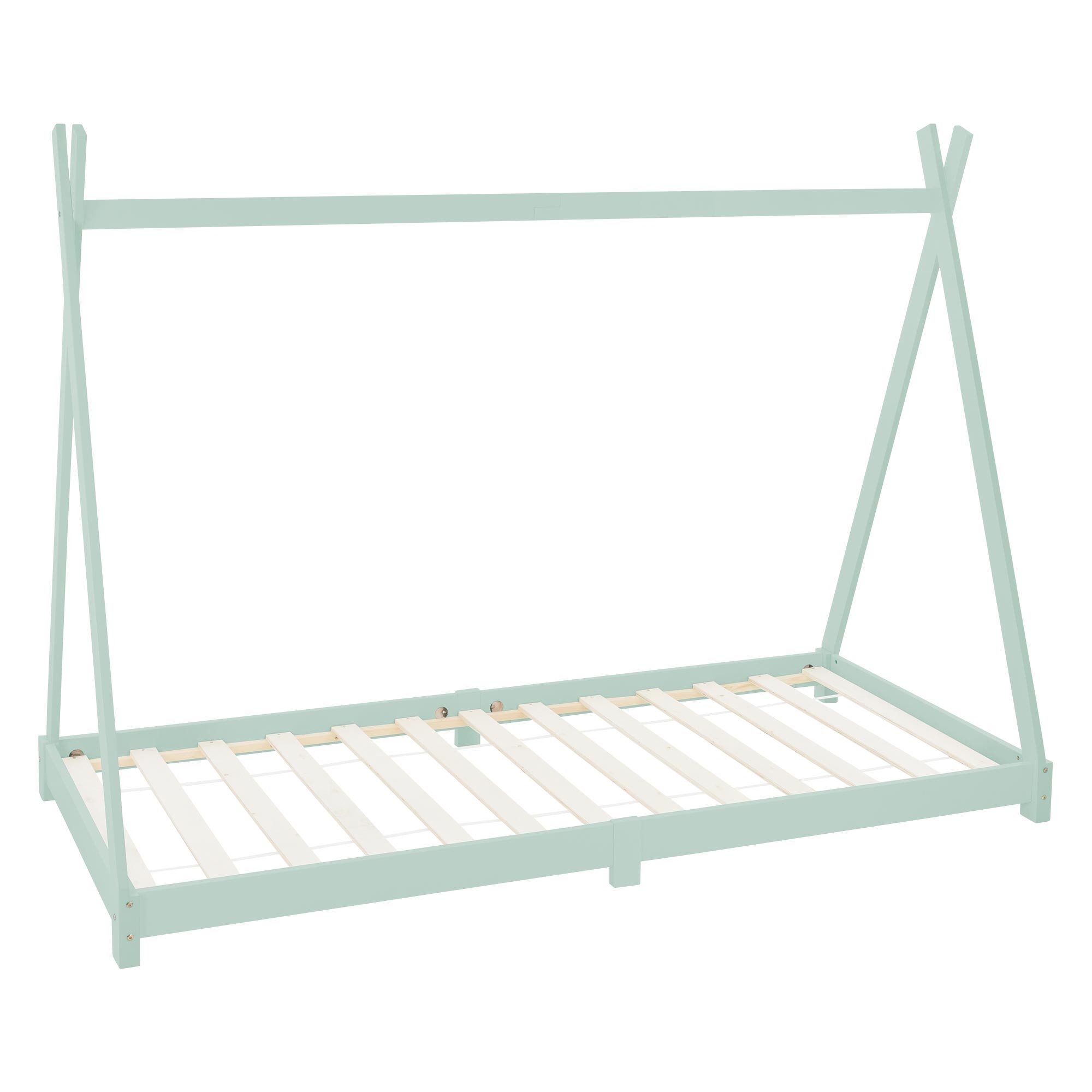 ML-DESIGN Spielbett Hausbett Tipi Zeltbett inkl. Lattenrost Bodenbett Kinder Himmelbett, Abenteuerbett zum Spielen Zelt Kinderbett Kiefer Bettenhaus Bett Mint