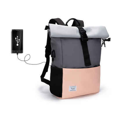 TAN.TOMI Freizeitrucksack Arbeitsrucksack Groß Damen lässiger Rolltop Rucksack Herren Backpack, mit Laptopfach bis 15,6 zoll und externen USB-Anschluss