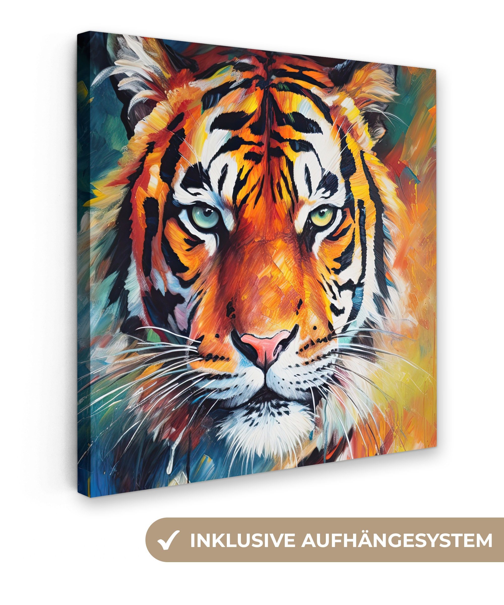 OneMillionCanvasses® Leinwandbild Tiger - Tiere - Ölfarbenoptik - Kunst, Fotodruck (1 St), Wandbild, Deko Schlafzimmer Wohnzimmer Flur 20x20 cm