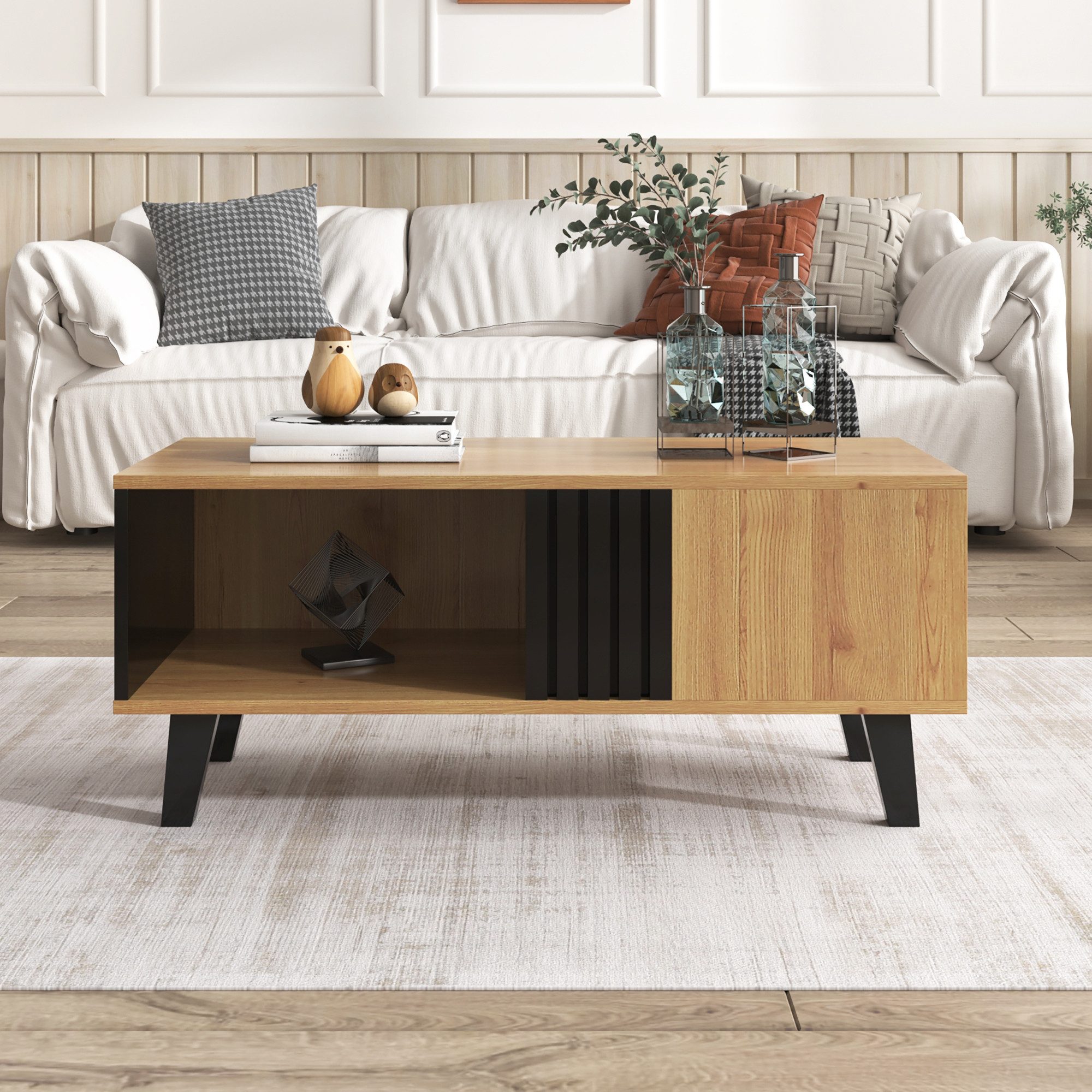 Merax Couchtisch Patchwork aus Holz, Wohnzimmertisch mit großem Stauraum, Beistelltisch Landhausstil