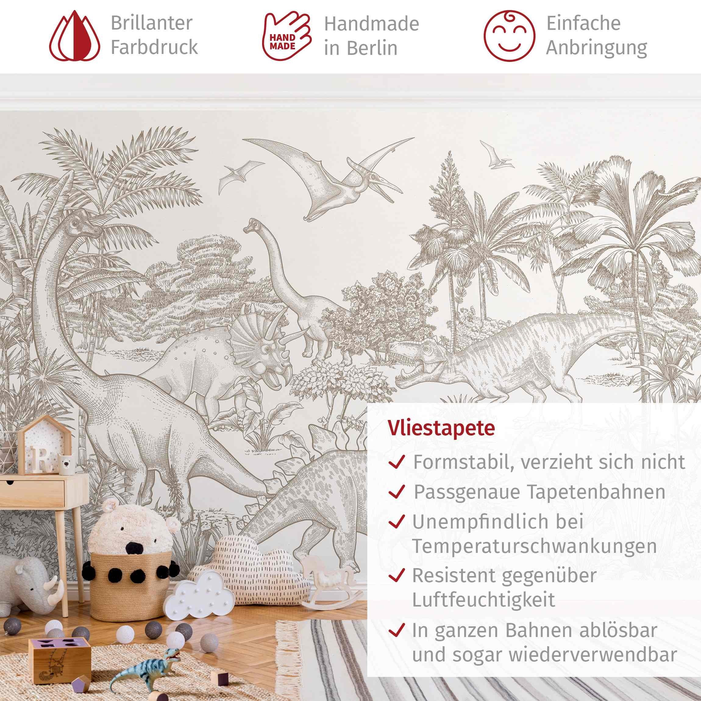 Bilderdepot24 Kindertapete Dinosaurier Welt Sepia Illustration Kinder Retro Vintage beige modern, Glatt, Matt, (Vliestapete inkl. Kleister oder selbstklebend), Mädchenzimmer Jungenzimmer Babyzimmer Bildtapete Fototapete Wandtapete