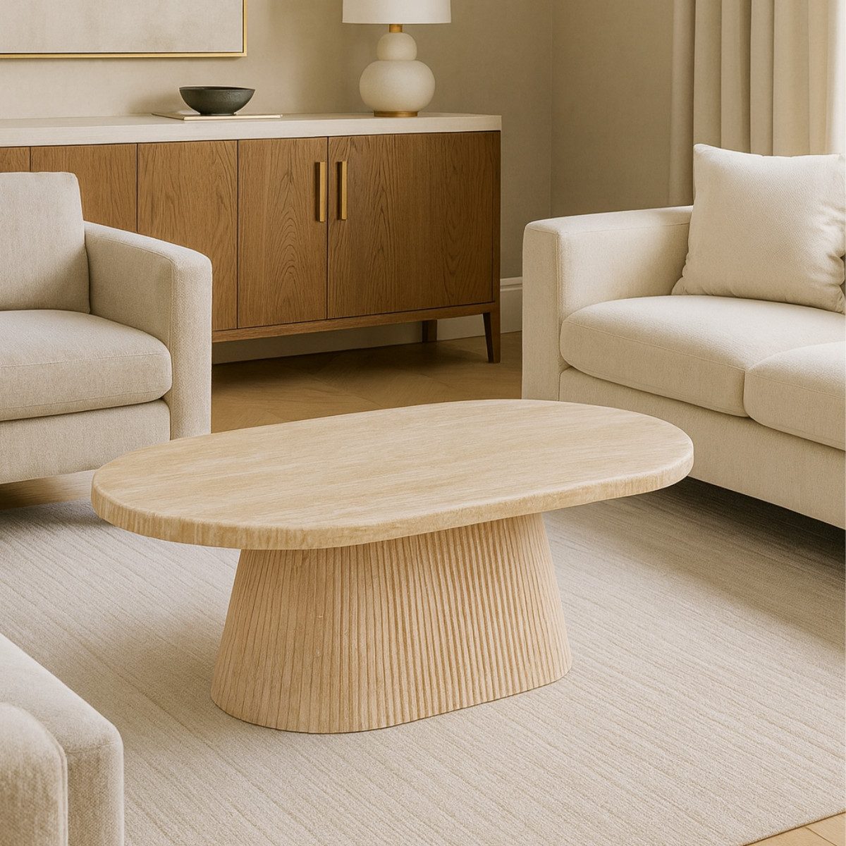 alesvelt Couchtisch Dervio Travertin Tisch mit edlem Tischbein im Säulenstil 130cm (1-Tisch), 90X90X38 CM 70X70X45 CM