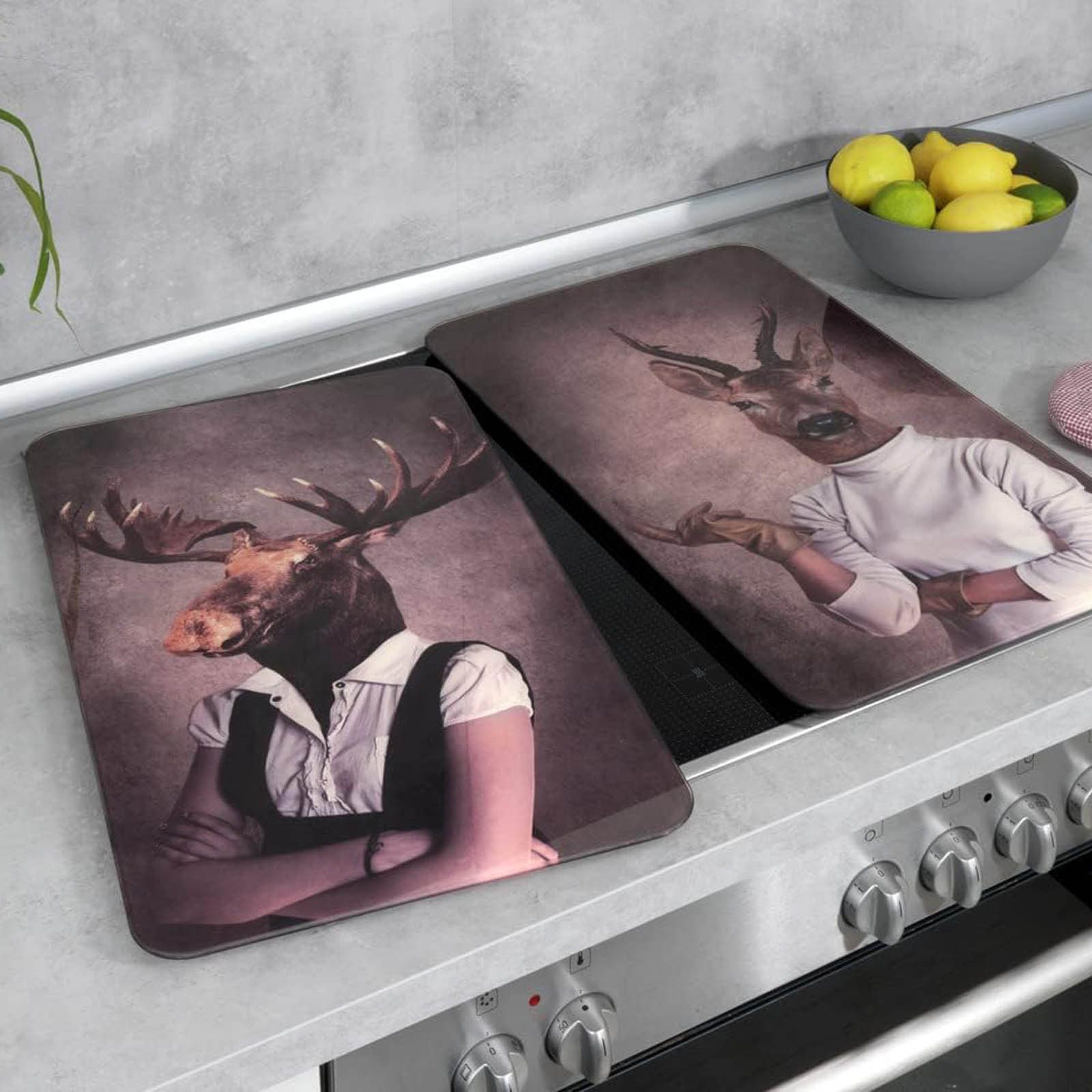 WENKO Herd-Abdeckplatte 2er Set Glasabdeckplatten Kochplattenabdeckung Herdabdeckplatten, Glas, 30 x 52 cm Humanisation Tier Motiv für Glaskeramik-Kochfelder