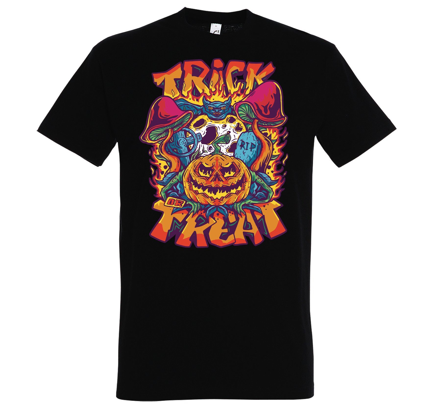 Schwarz Trick or T-Shirt Herren Designz Halloween T-Shirt Pilz mit Horror Trendigem Youth Treat Frontdruck Fun-Look