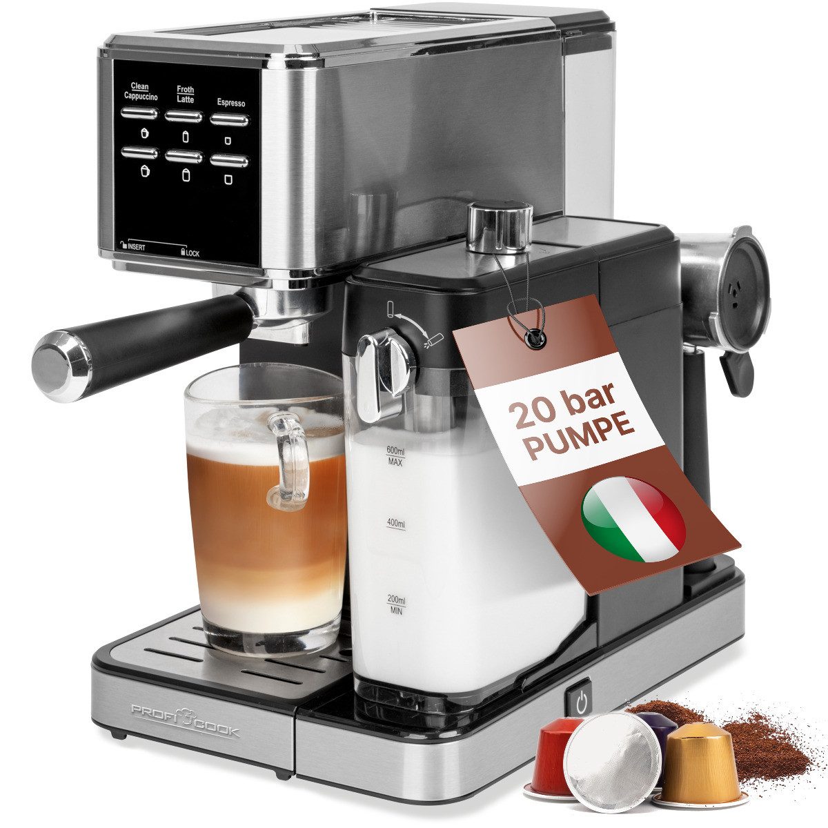 ProfiCook Espressomaschine PC-ES-KA 1266, für Kaffeepulver und Nespresso kompatible Kapseln