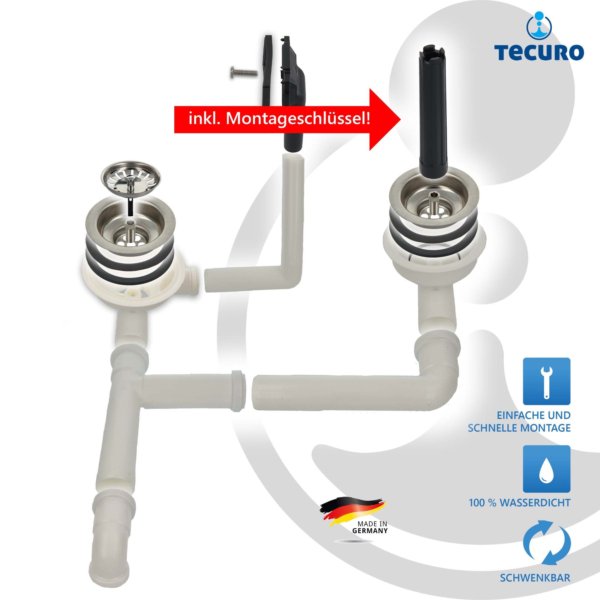 tecuro Siphon Doppel-Spülen-Siebkorbventil Ø 114 mm (3 1/2 Zoll) mit Überl. 38x64 mm – Bild 4 von 5