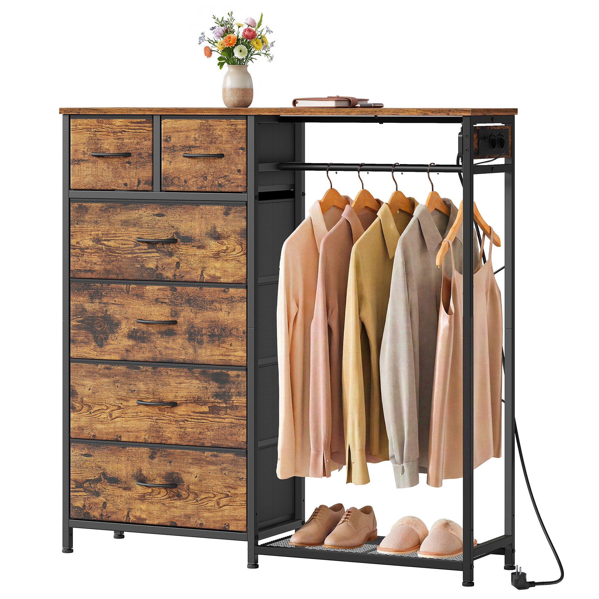 SONGMICS Kleiderständer mit Kleiderstange und Schuhablage, für Schlafzimmer, Flur, Garderobenständer mit 6 Stoffschubladen, 102,7 x 35 x 117,6 cm