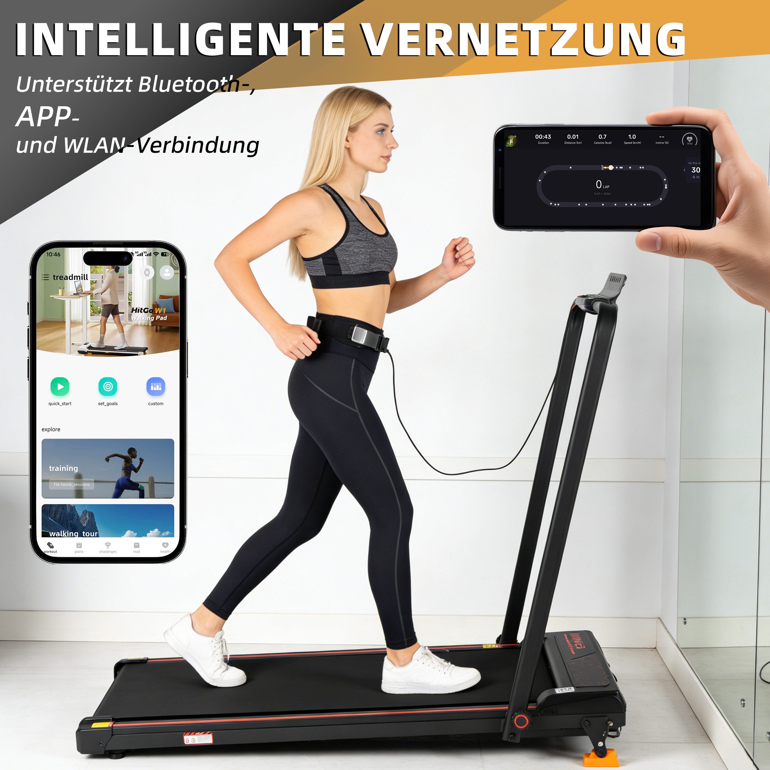 Vankel Laufband klappbar für zur hause, bis 12km/h, mit Handlauf (Fernbedienung), Heimtraining mit App, Steigung und Sicherheitsleine