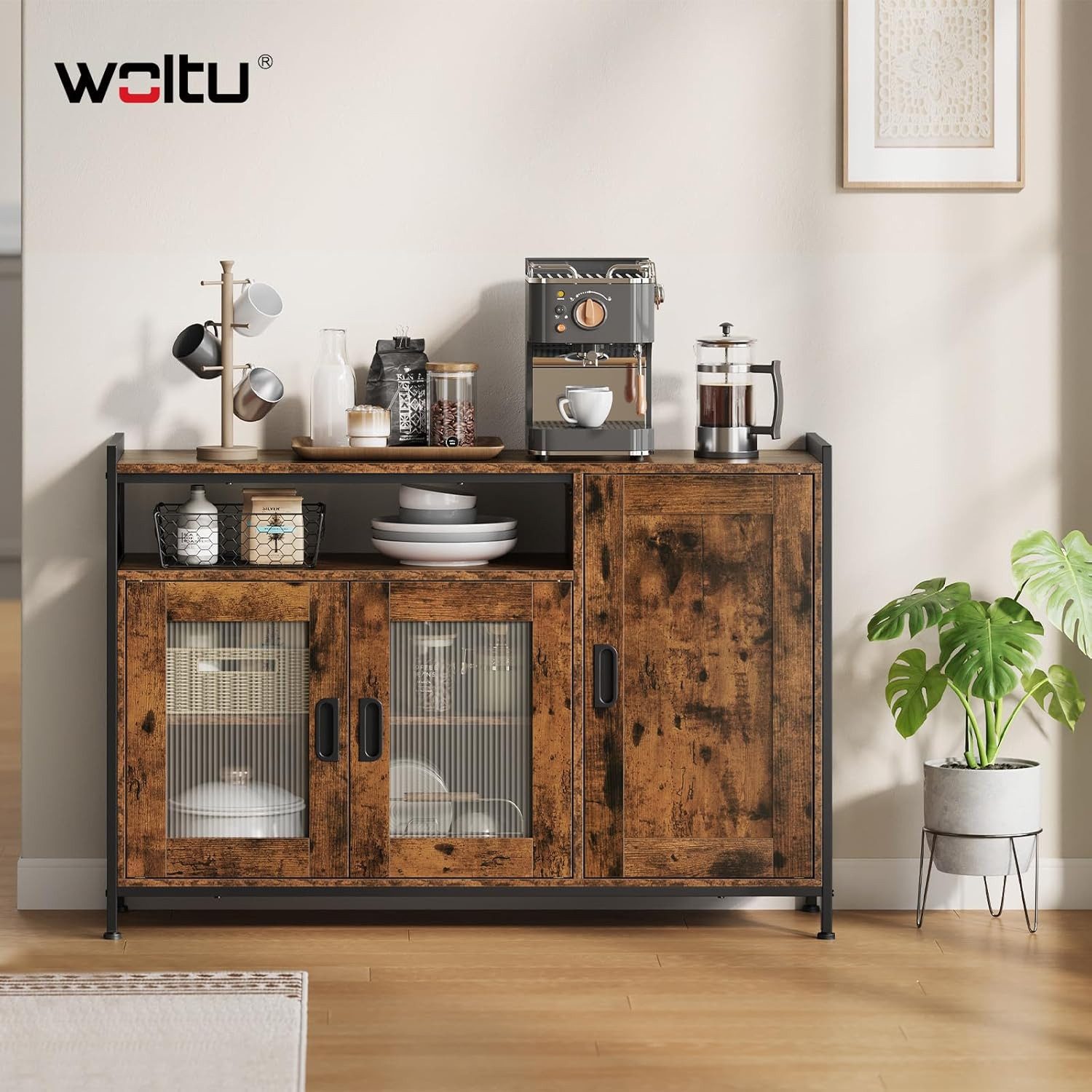 Woltu Sideboard, Küchenschrank aus MDF und Metall, für Küche Wohnzimmer Flur