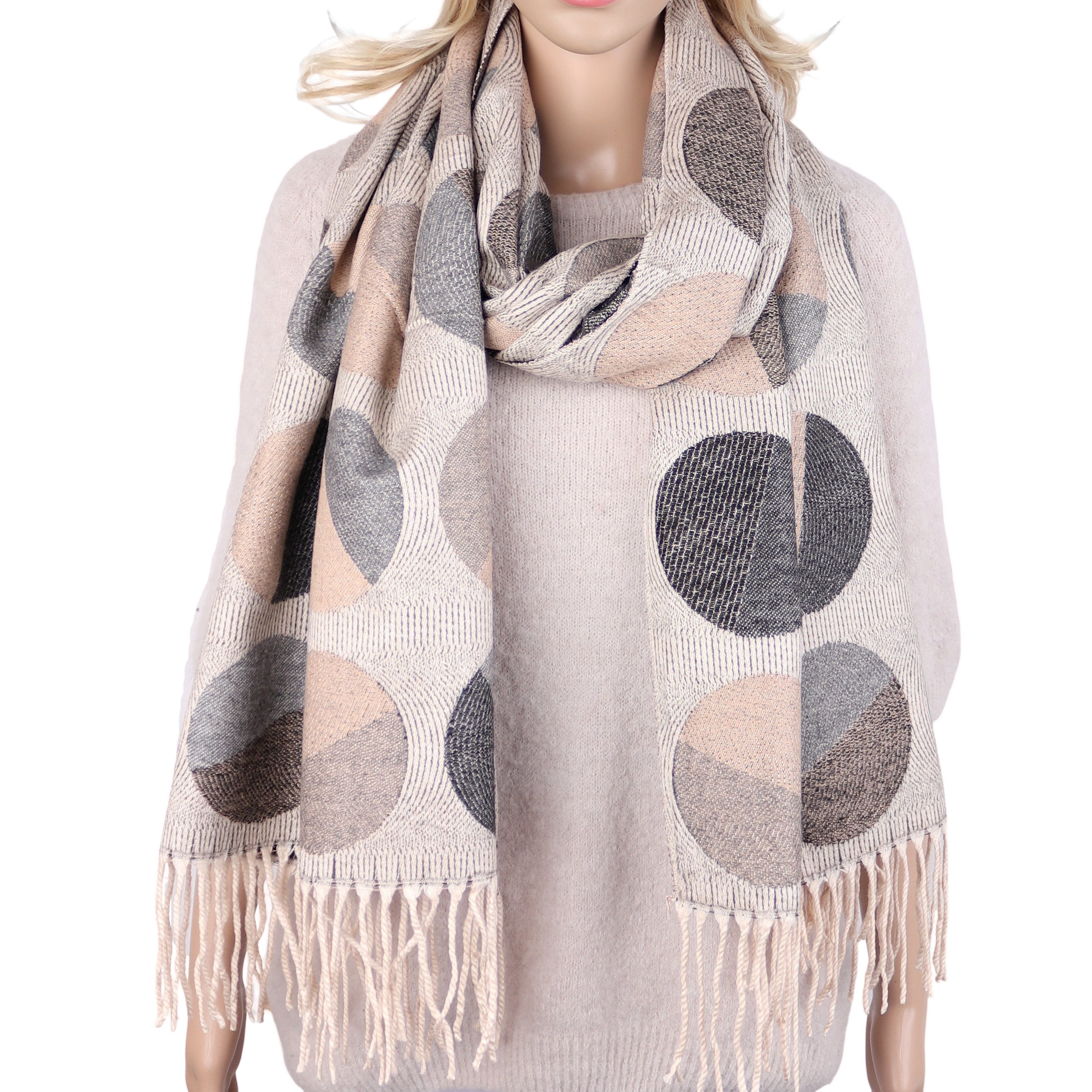 MIRROSI Modeschal weicher und warmer Schal Kreis Muster mit Fransen, 68x180cm, (Neue Kollketion Herbst/Winter 2026, Winterschal aus Viskose-Woll-Mix), Damen Halstuch ideal für Herbst und Winter