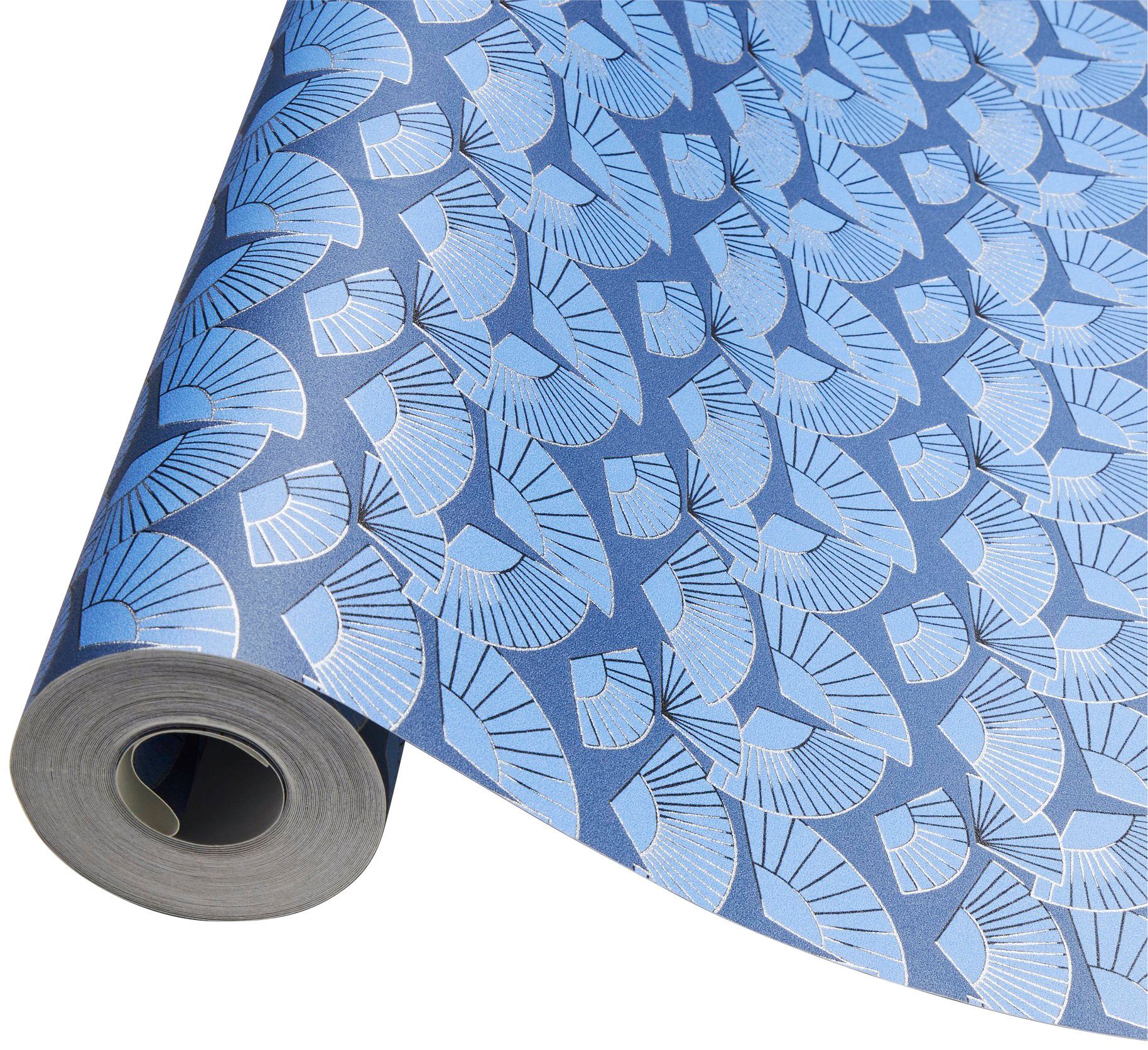 Fan, Designer Tapete blau/weiß/metallic Architects Vliestapete Geometrische Paper Metallic