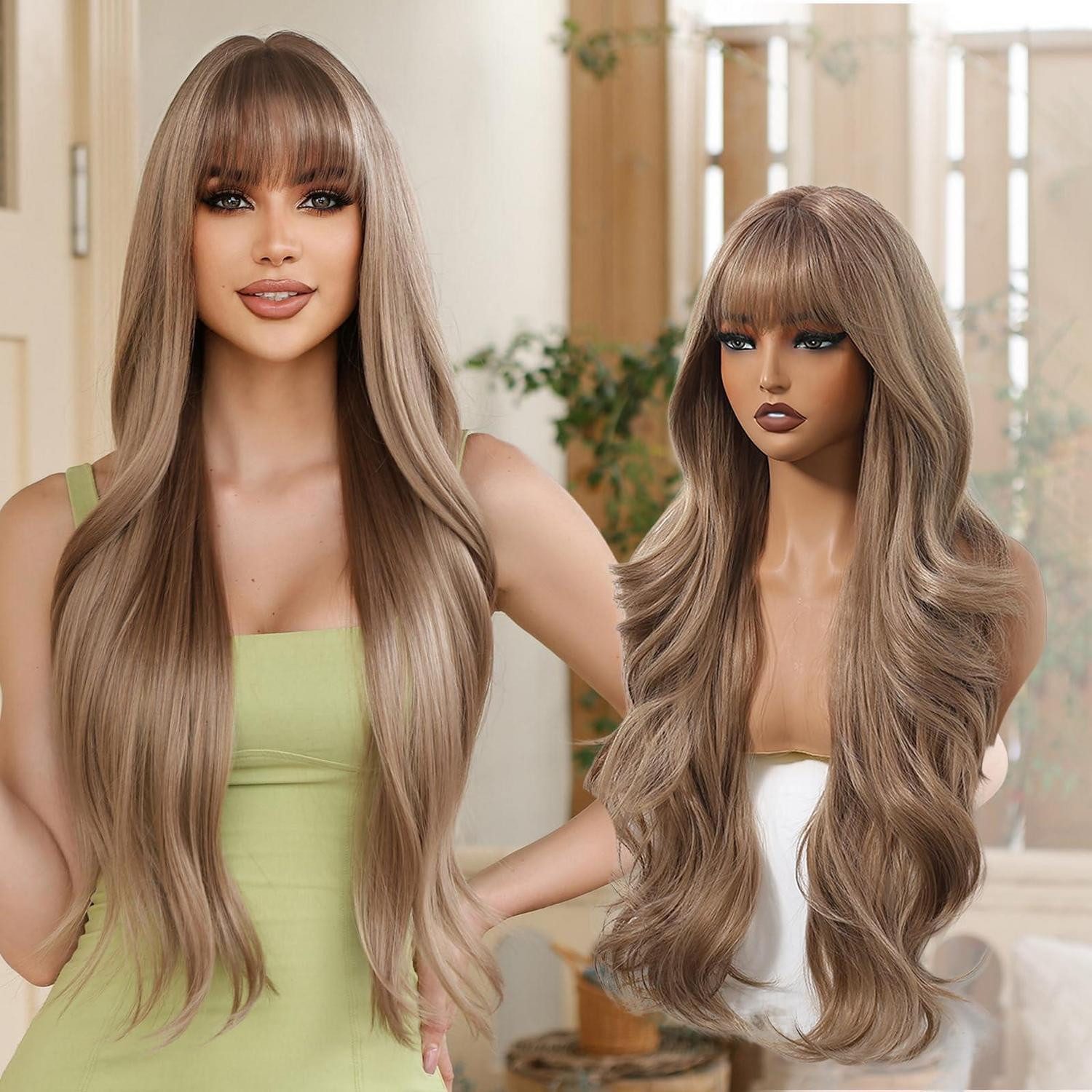LuxusKollektion Kunsthaarperücke Perücken Blond 26 Zoll Ombre Braun Wellen Pony Synthetik Goldene