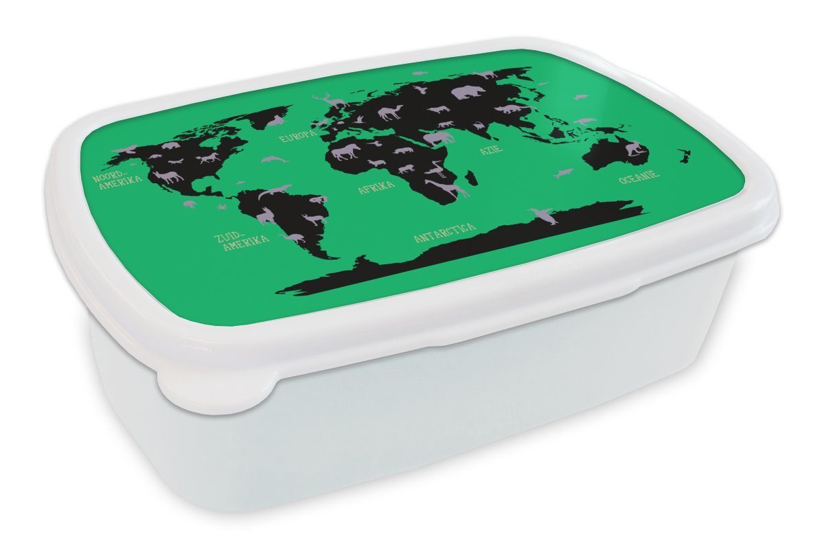 MuchoWow Lunchbox Weltkarte Kinder - Tiere - Rosa, Kunststoff, (2-tlg), Brotbox für Kinder und Erwachsene, Brotdose, für Jungs und Mädchen weiß