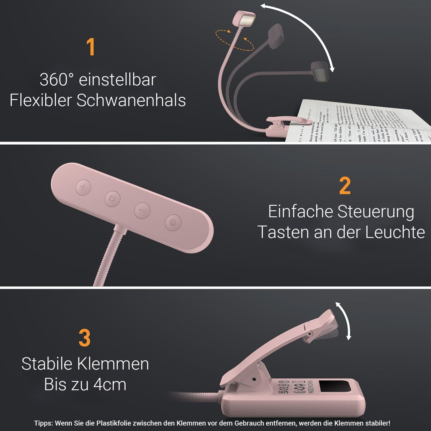 Lapalife LED Leselampe Akku Buchlampe Breites Licht, Klemmlampe mit 3 Farben & 10 Helligkeit, LED fest integriert, USB Aufladbar, Schwanenhals, Augenschonendes, für Nachtlesen ins Bett